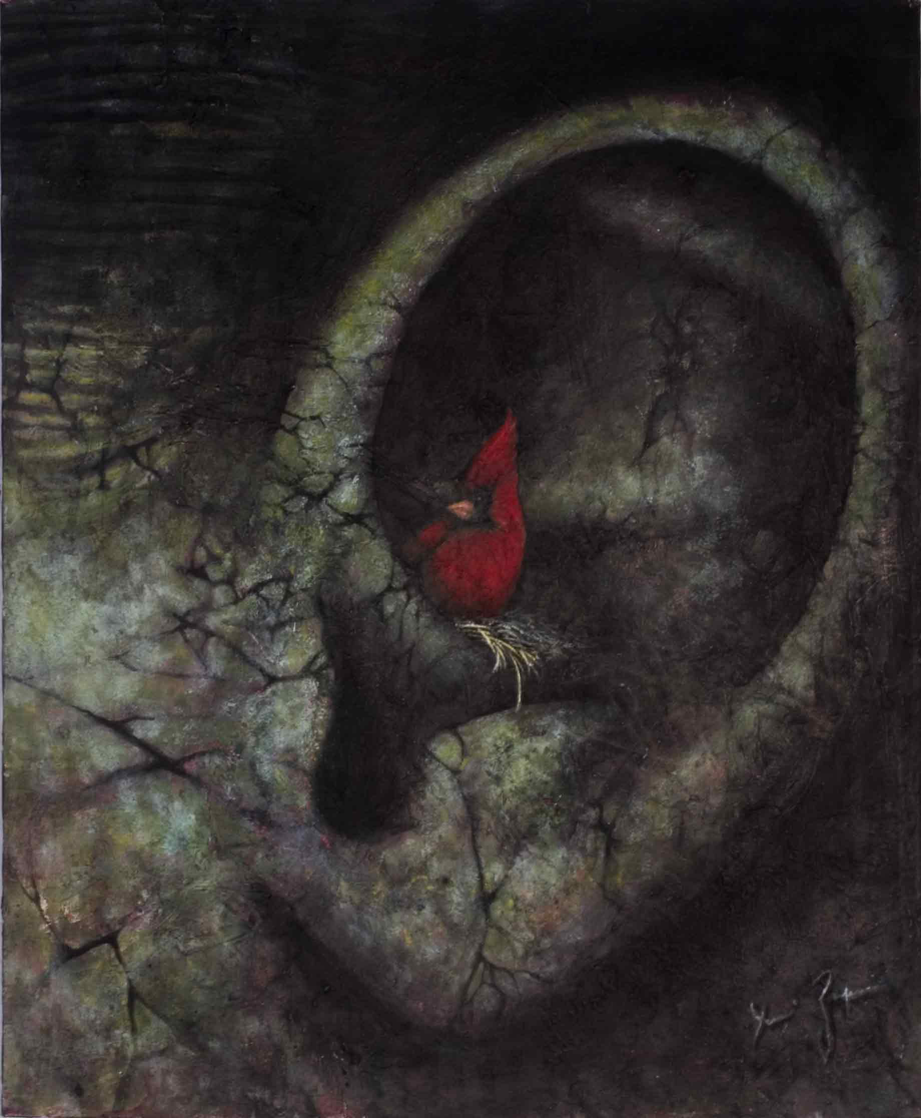 Cardinal in Stone Ear, Acrylic on canvas