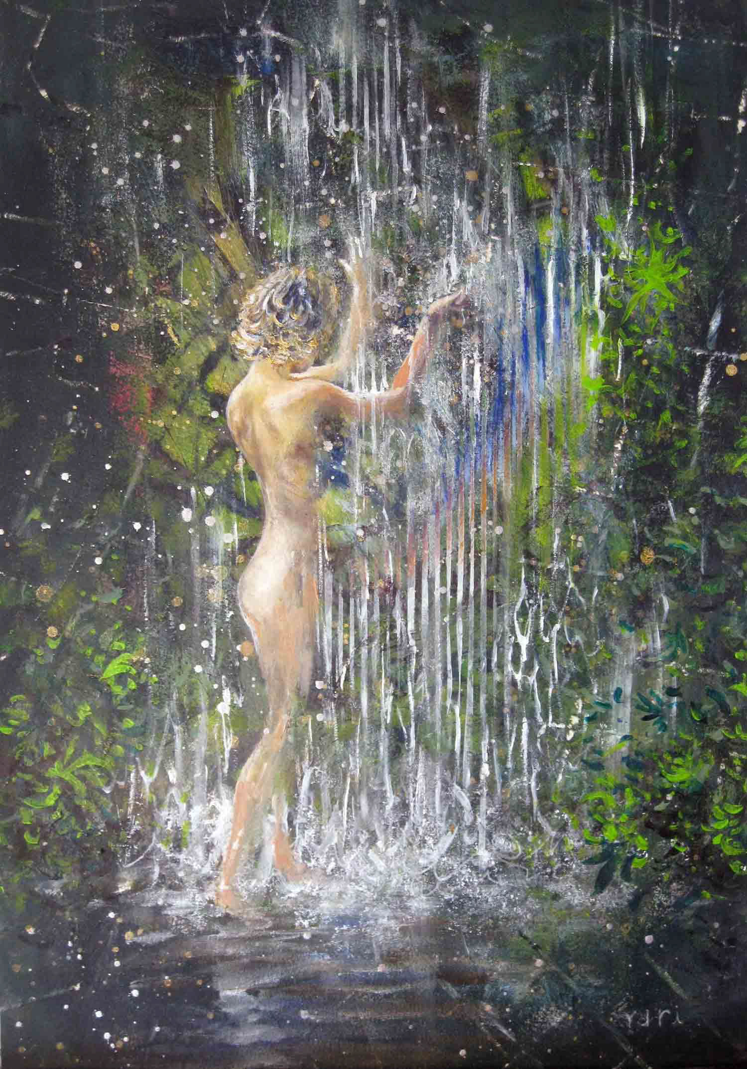 Gold Curls Silver Falls, Acrylic on cotton paper