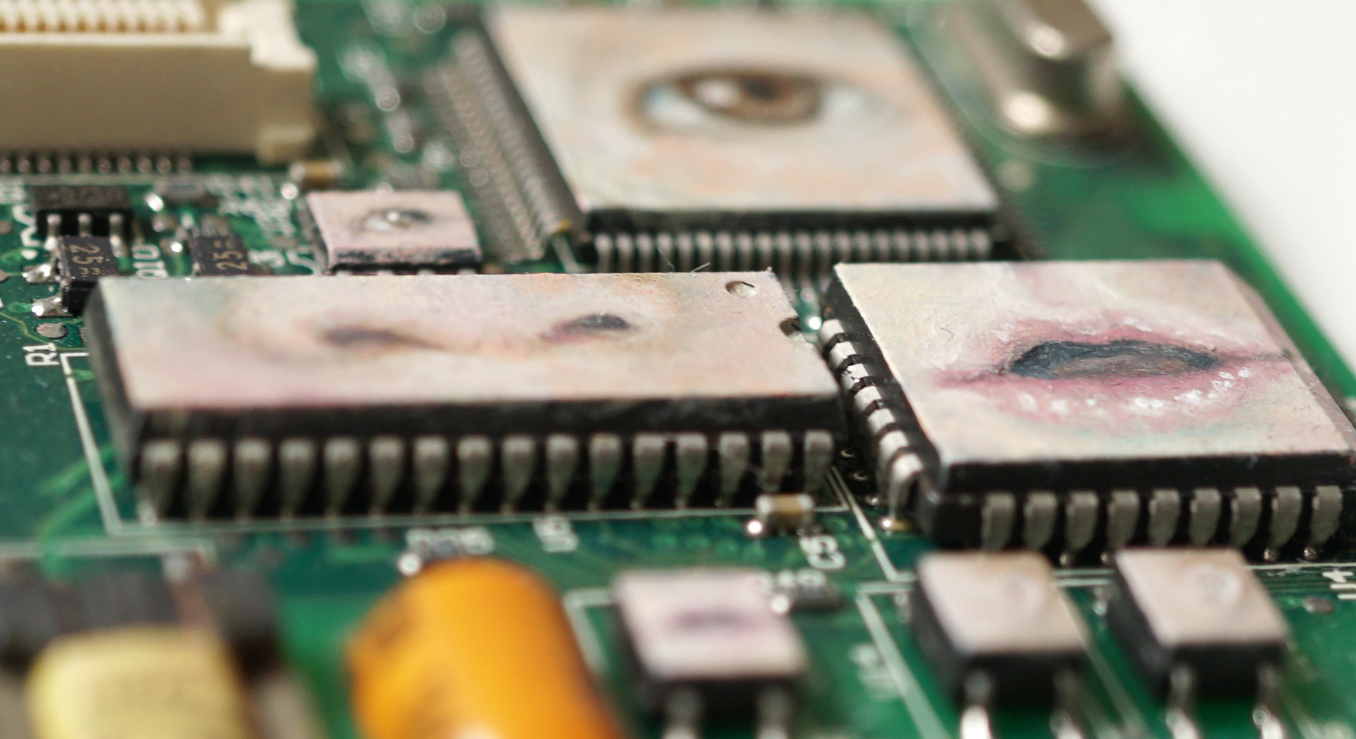 New User (detail), Oil paint on circuit board