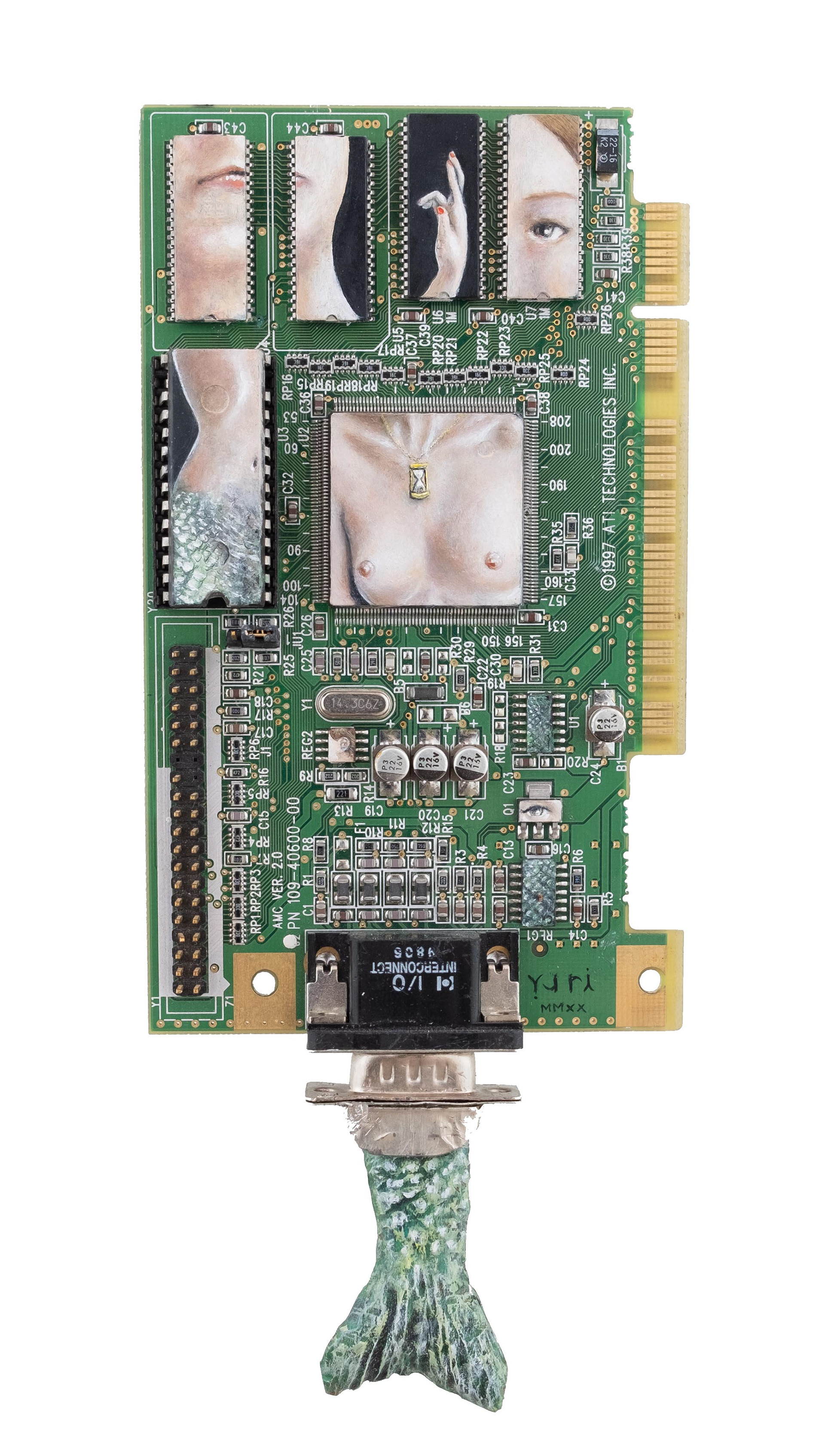 Mermod, Oil paint and wood sculpture on circuit board