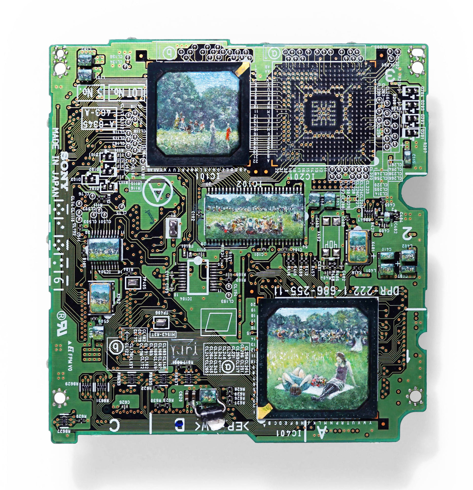 Connexion sur l'herbe, Oil on circuit board