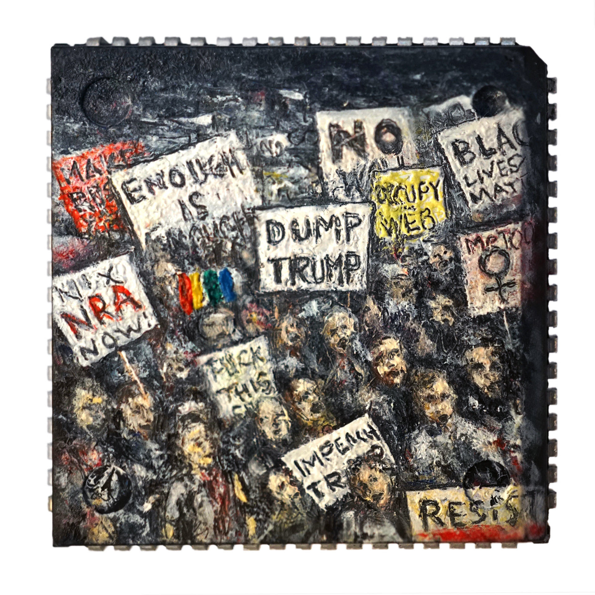 Protest, oil on microchip, 2 x 2 cm, 2018