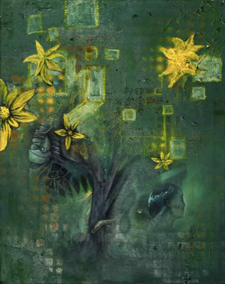 Tree with yellow blossoms, Oil, acrylic, and aerosol on canvas