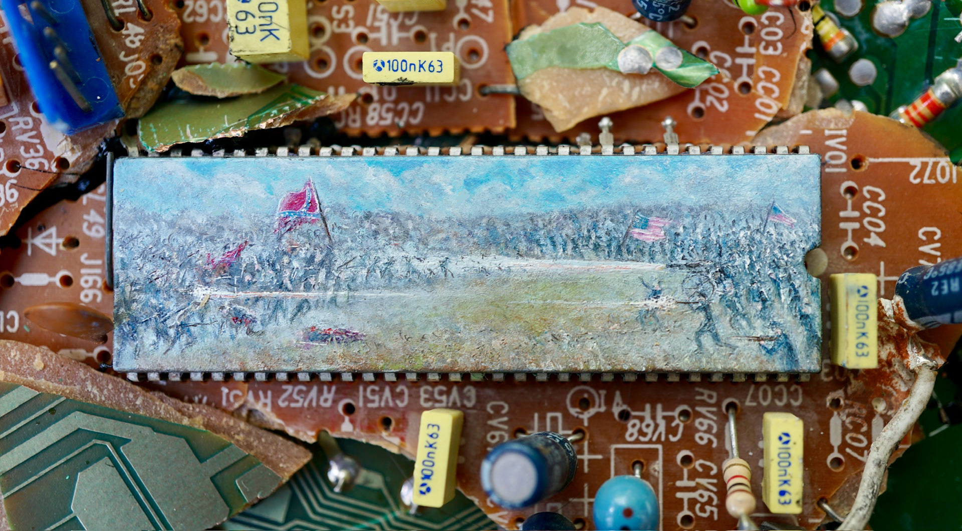 Detail: American Online Civil War, oil paint and circuit board assemblage on wood