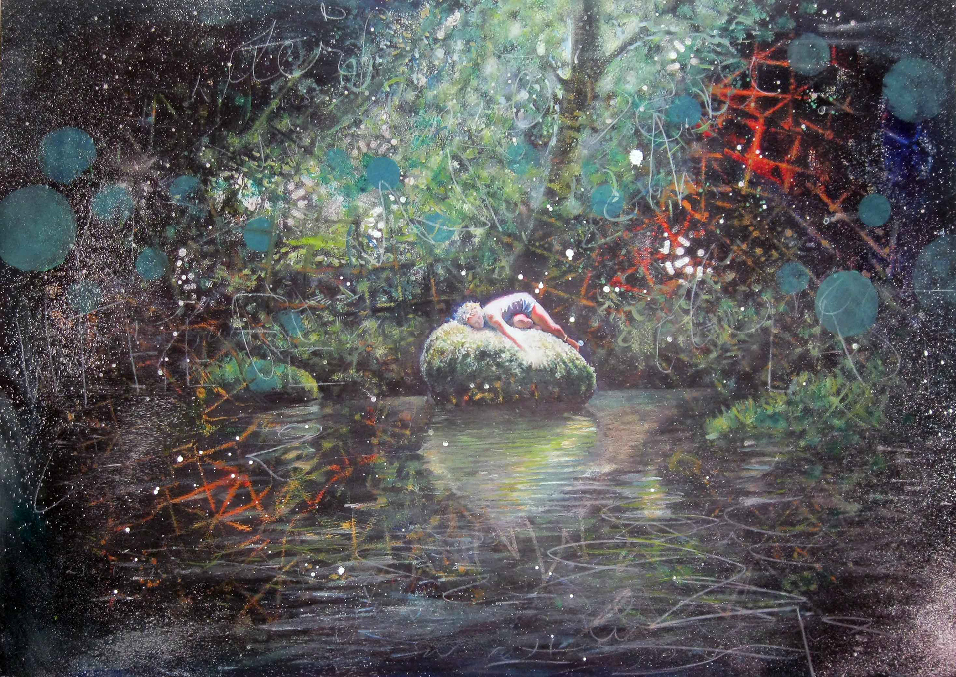 River rock repose, Acrylic and aerosol on cotton paper