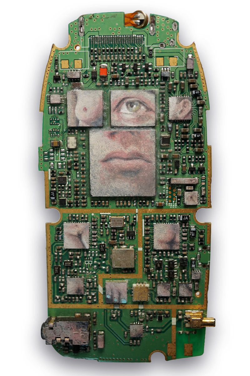 La Mariée mise a nu par son cellulaire, Oil paint on mobile phone circuit board, 2018