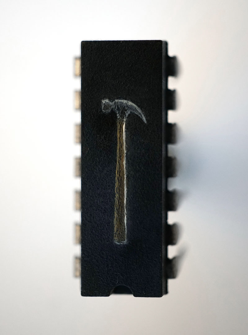 Hammer, Oil paint on microchip, 1.2 x 0.6 cm, 2018