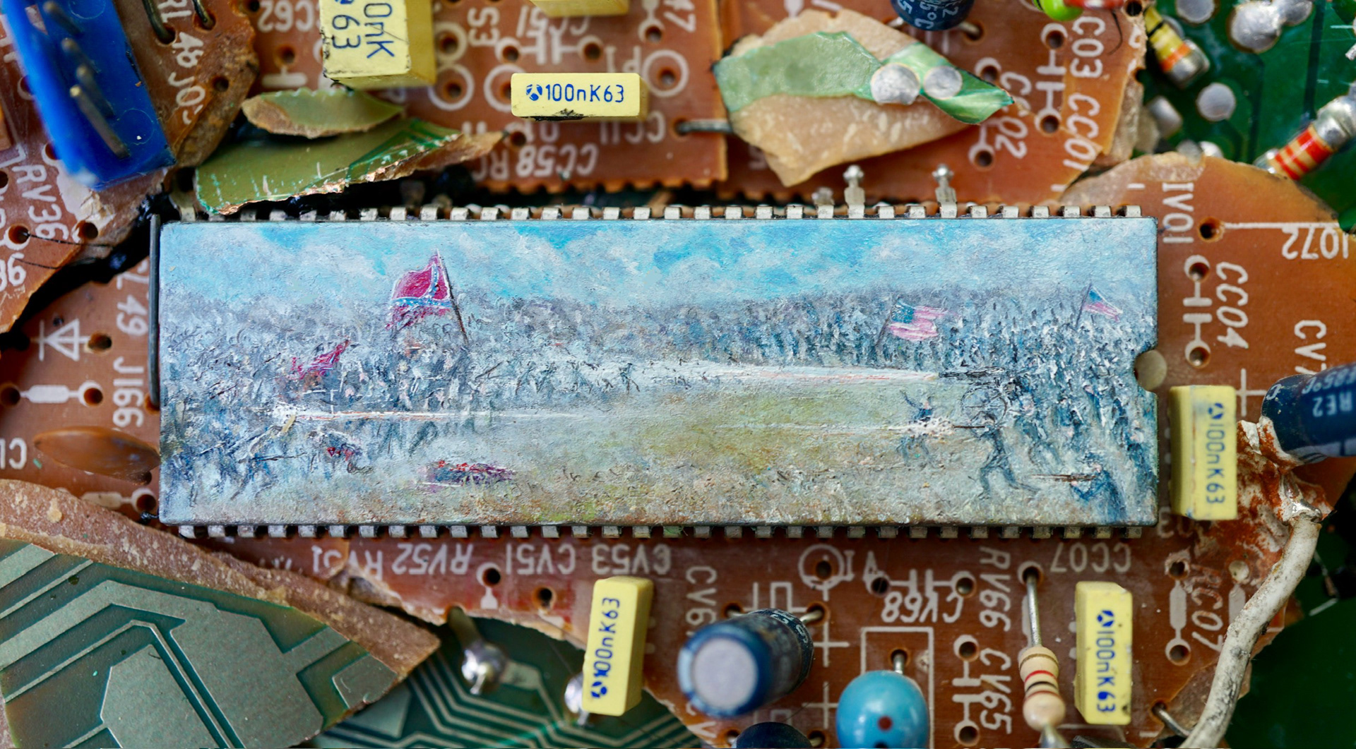 (detail) American Online Civil War, oil paint, circuit boards and wood, 2024