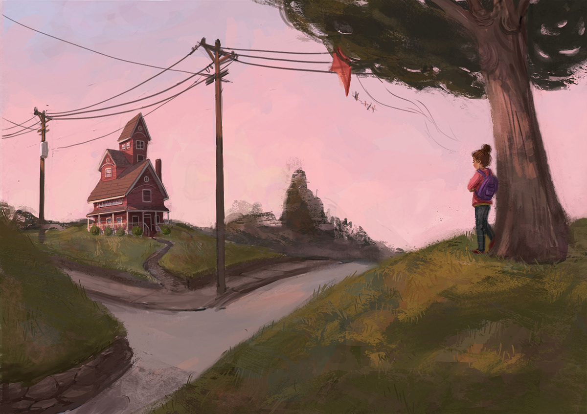 This is an illustration at dusk. The sky is pink and girl stands under a tree looking at a red house in the distance. A red kite hangs from the branches of the tree above her.