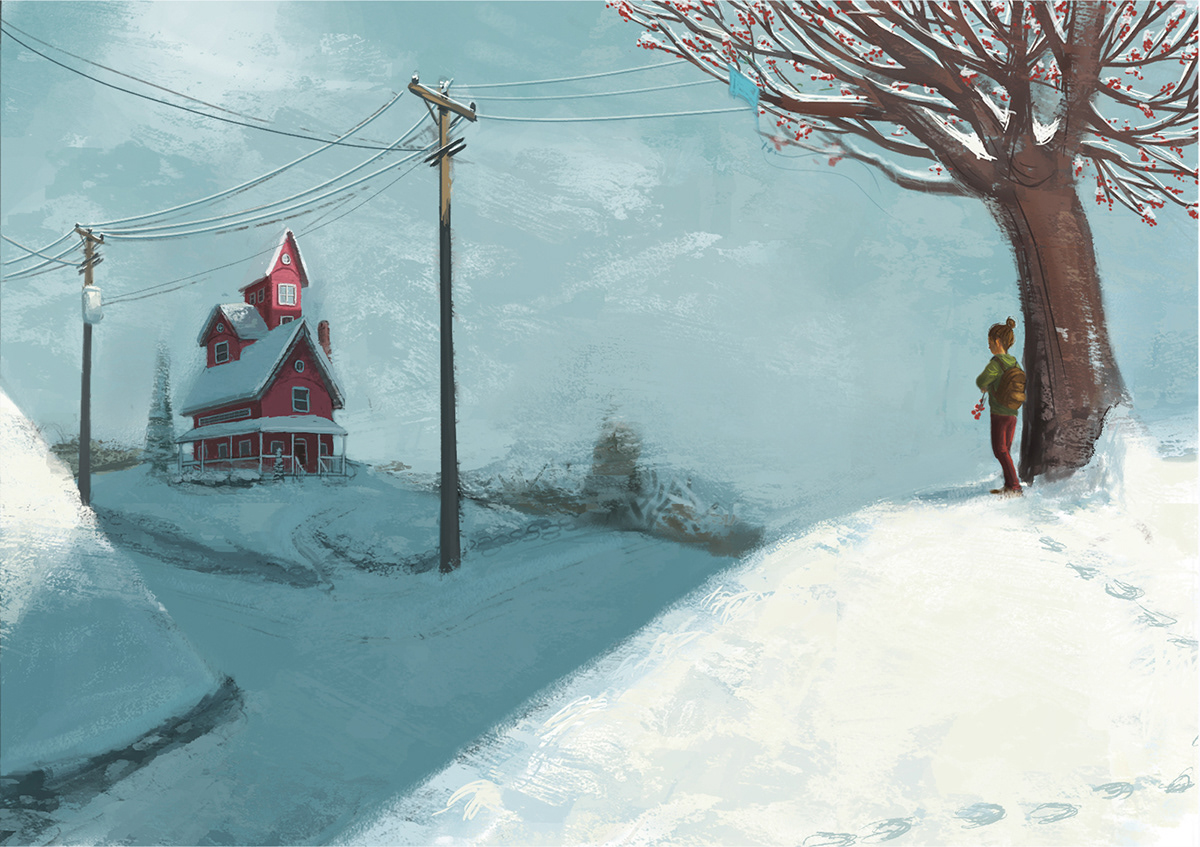 A painting of a girl standing on a snowy hill under a tree with red berries. The girl looks at a red house on a hill in the distance. Most of the house is in shadow, but the top gable has a hint of light cast by the rising sun.