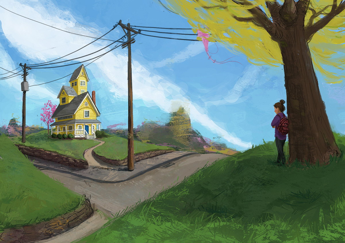 A girl with a back pack slung across her back, stands under a tree and stares at a yellow house on a hill in the distance. It's a sunny spring scene with green grass, bright tree foliage, and a pink kite stuck in a tree.