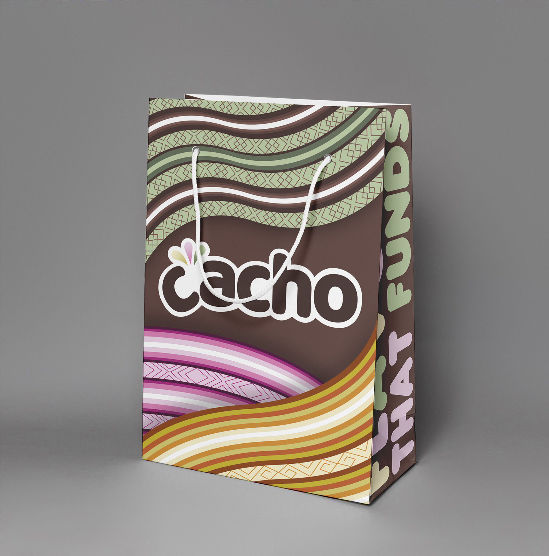 a bag with the word cacho written in the centre with illustrations of colourful striped blankets wrapping around it and flavour that funds written on the side of it