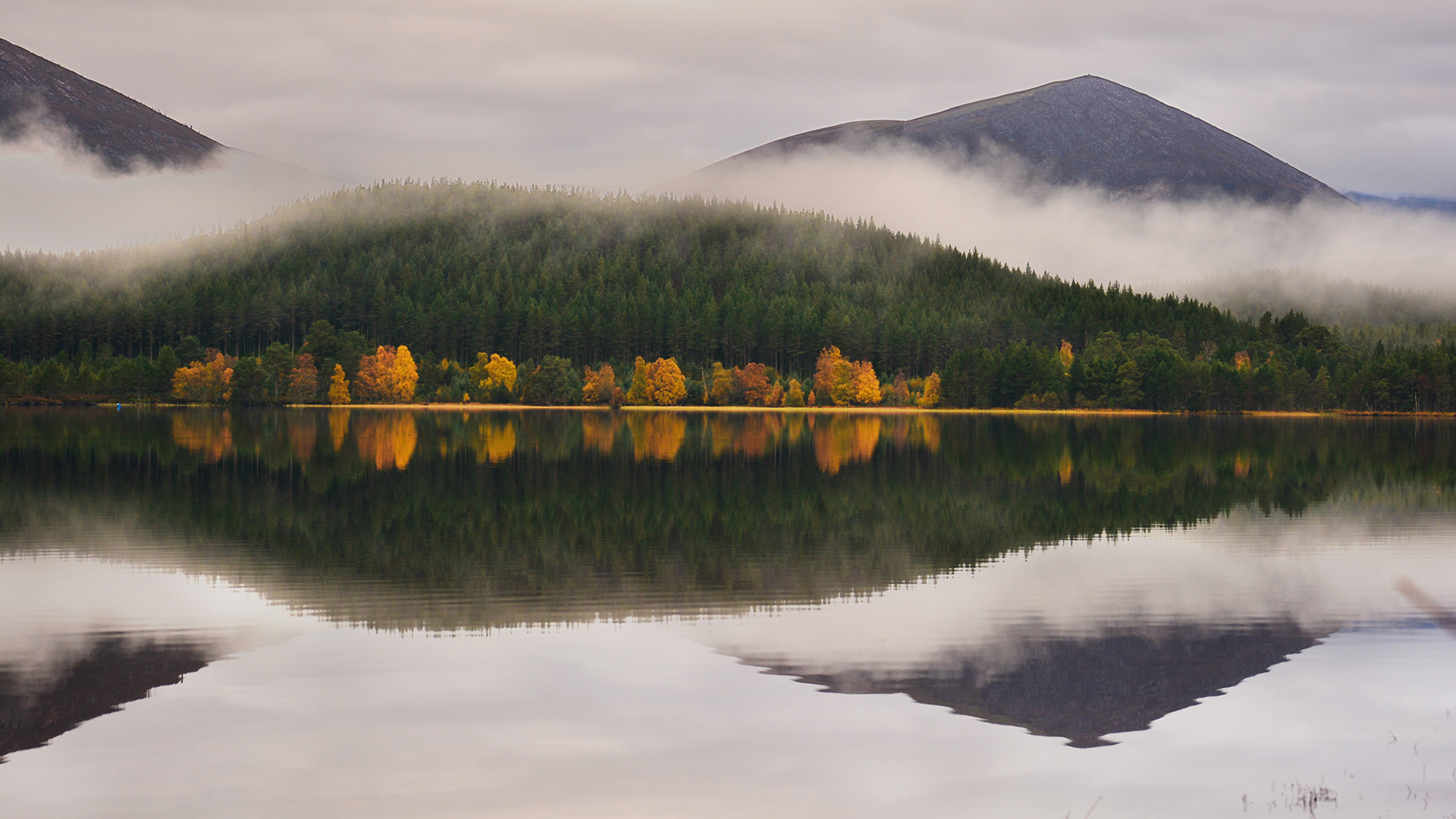 Herbstliche Spiegelung am Loch Morlich in den Cairngorm Mountains