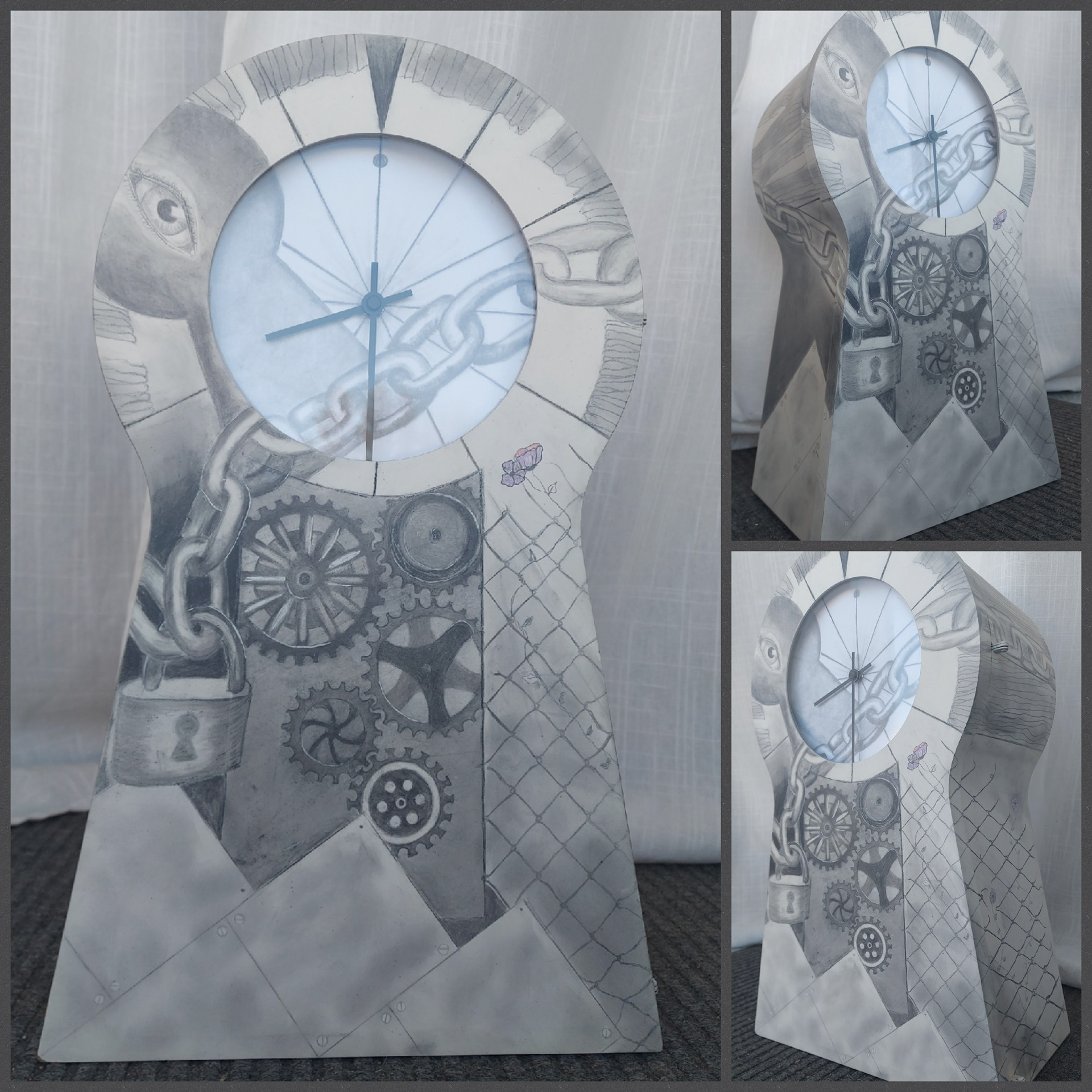 Locked in Time, 2019. 18"x11"x6.5". Graphite on thrift store clock