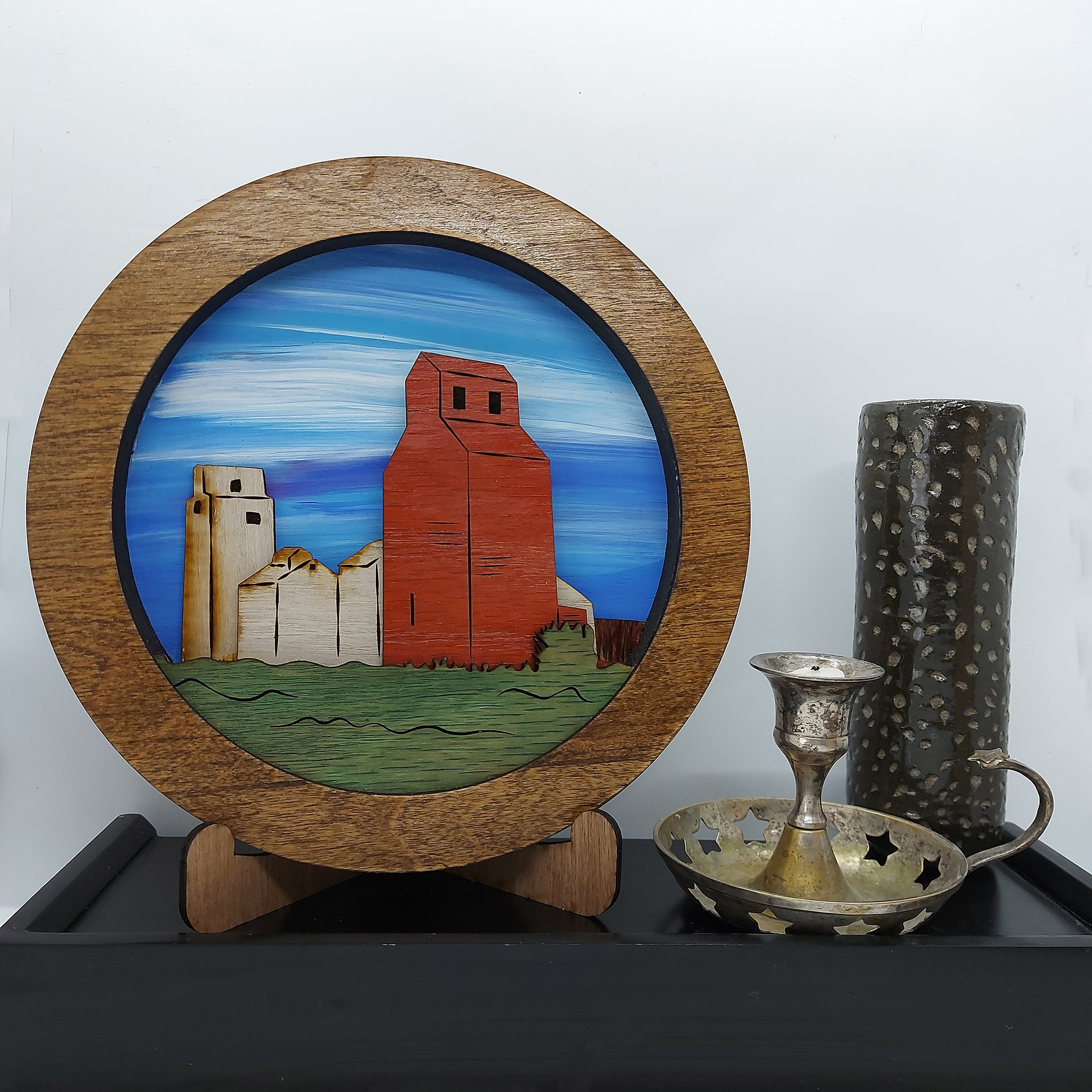 Weldon Grain Elevators, 2020. 8" digital drawing to layered laser cut plaque