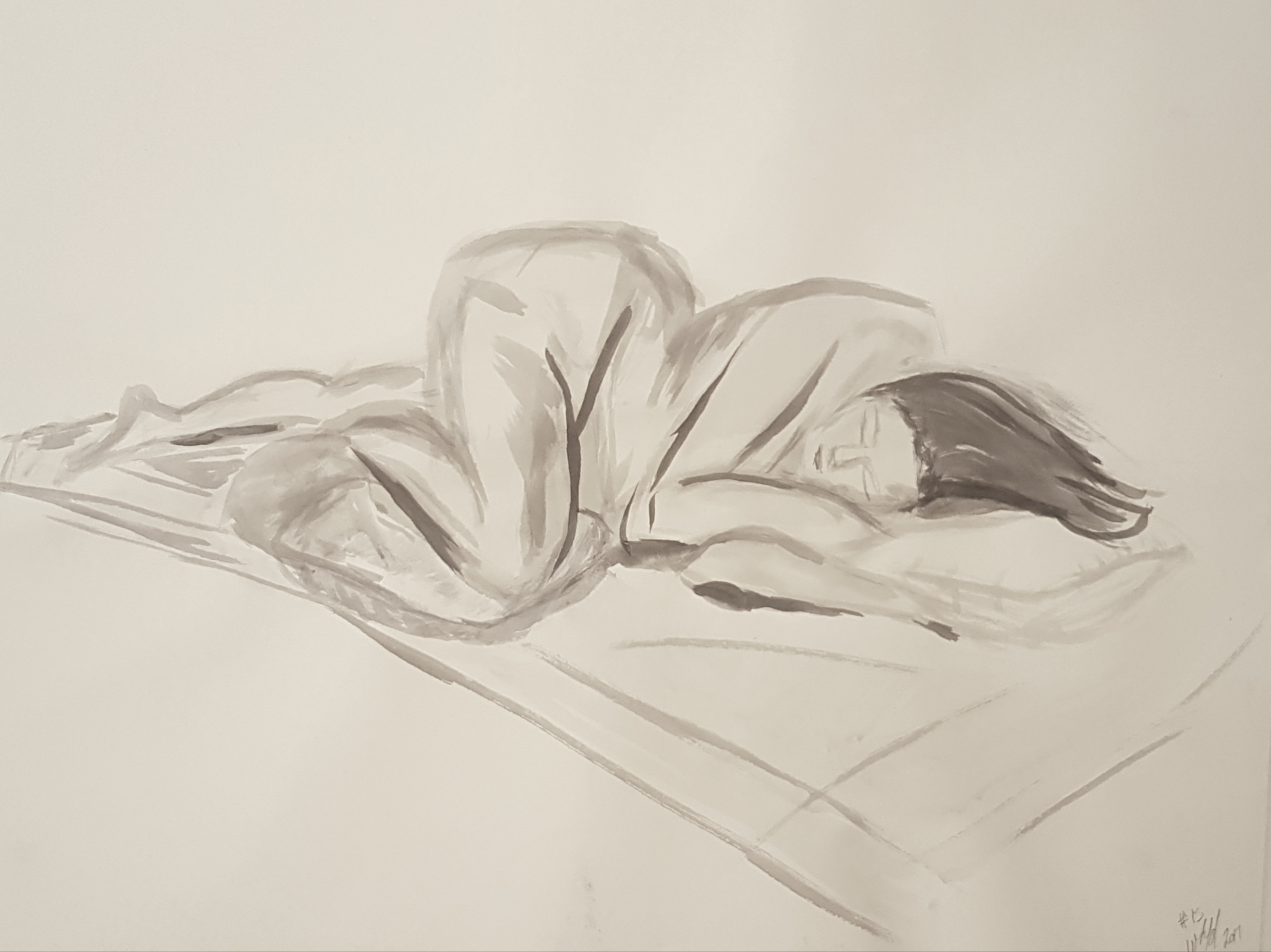 Sleeping, 2017, 18"x24" India in and gesso.