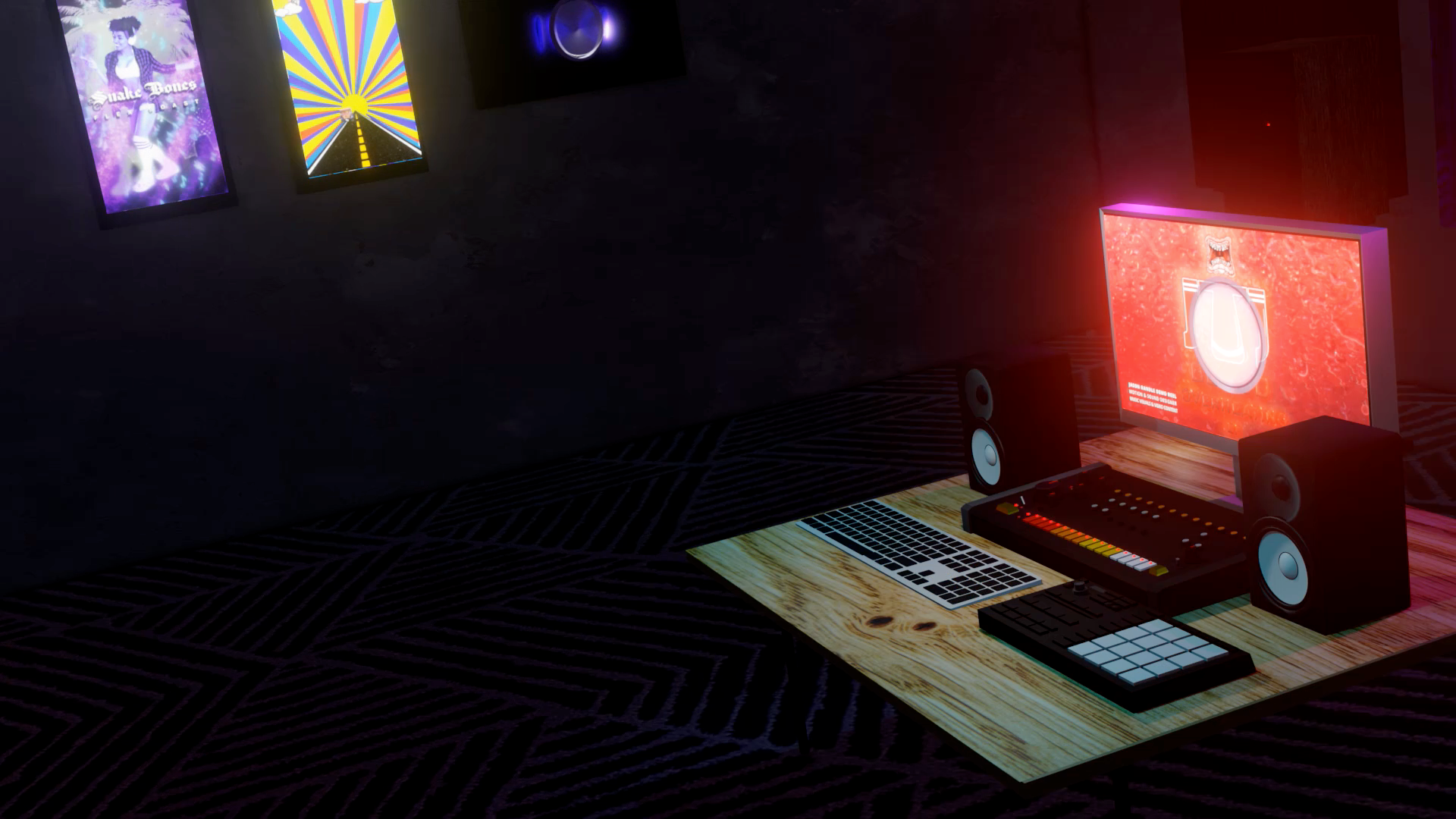 Transition frame showing a 3D modeled Roland TR-808, Native Instruments Maschine Mikro, and a pair of Yamaha HS-50Ms on a desk with a Mac