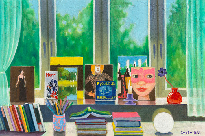 By the window, oil and stonedust on linen, 60.6x90.9cm, 2023