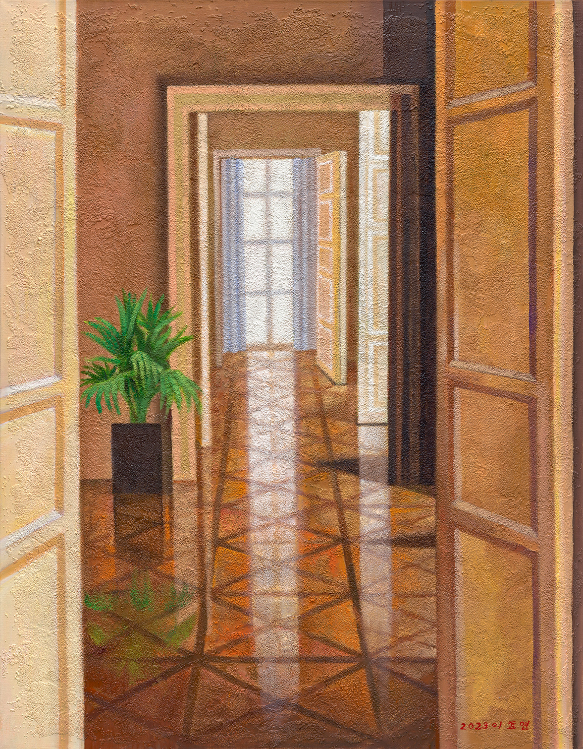 Doors leading on, oil and stonedust on linen, 116.7x91cm, 2023