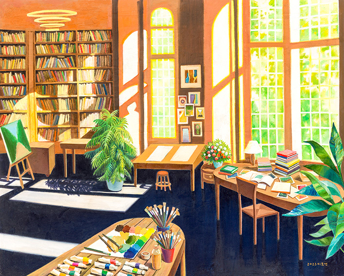 Atelier in mind, oil and stonedust on linen, 130.3x162cm, 2023