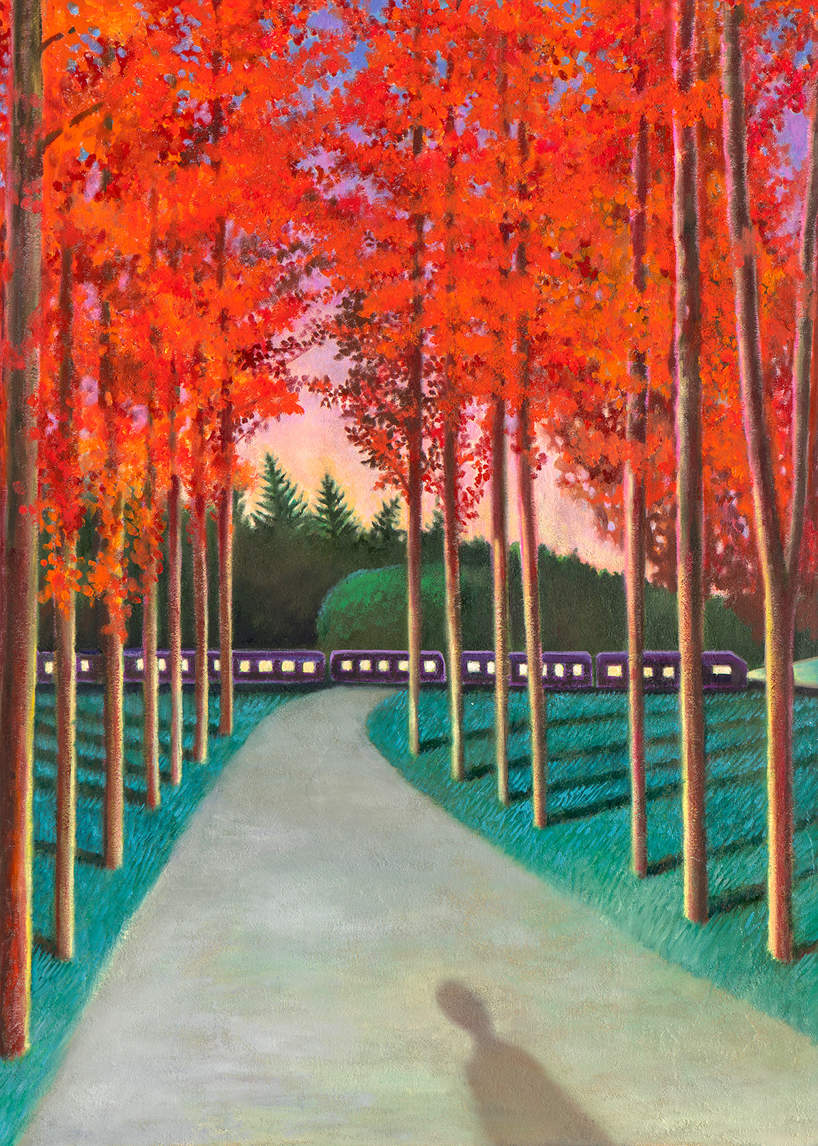  A train running through the park, oil and stonedust on linen, 90.9x65.1cm, 2022