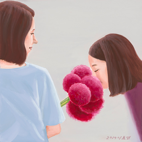 Mom and daughter, oil on linen, 45.5x45.5cm, 2019