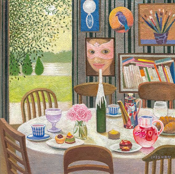 Dorossy table, oil and stonedust on linen, 91x91cm, 2023