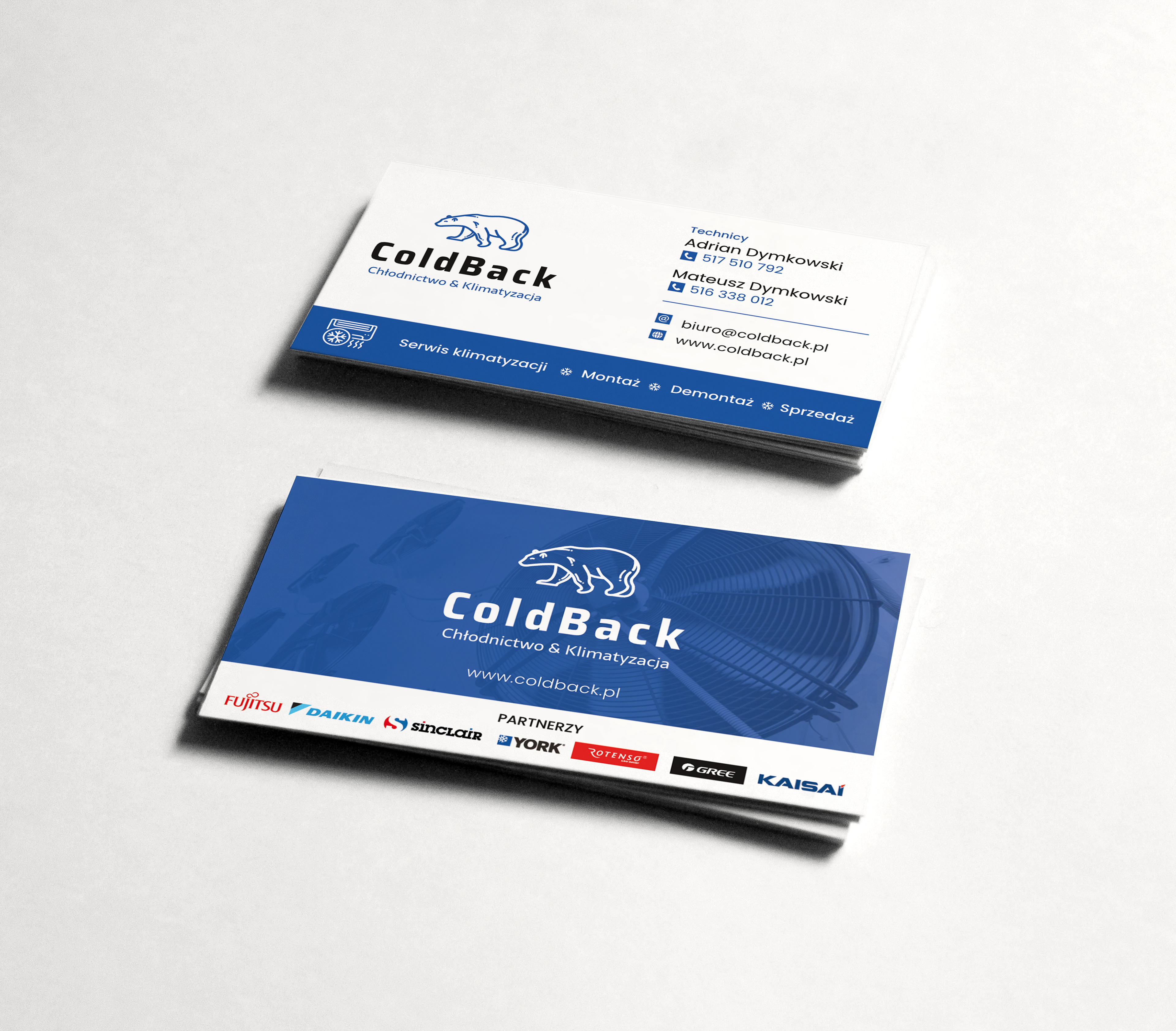 Business card designed for "Coldback", specializing in air conditioning and refrigeration.