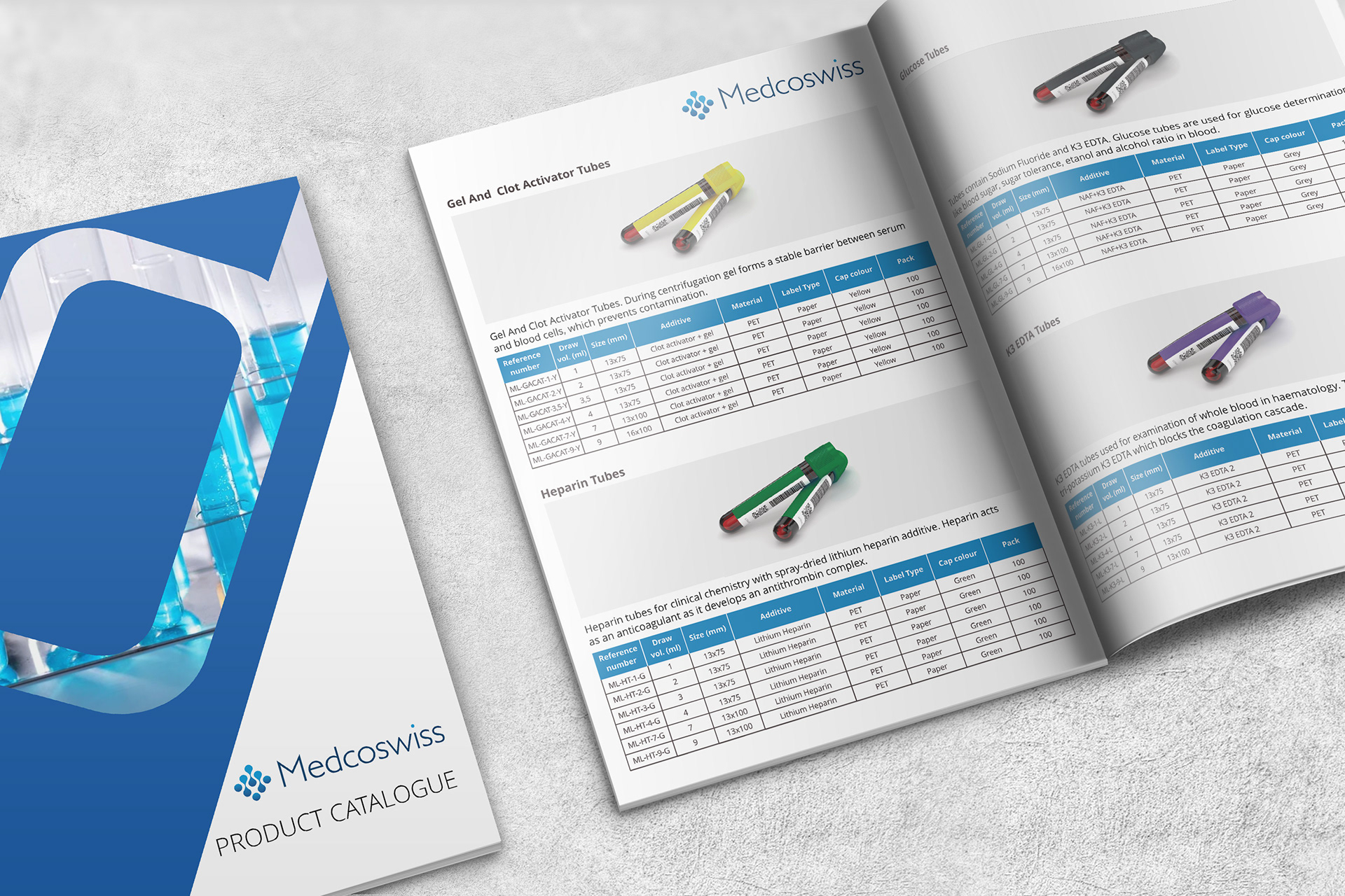 Promotional brochure for "Medcoswiss," specializing in the sale of laboratory equipment.
