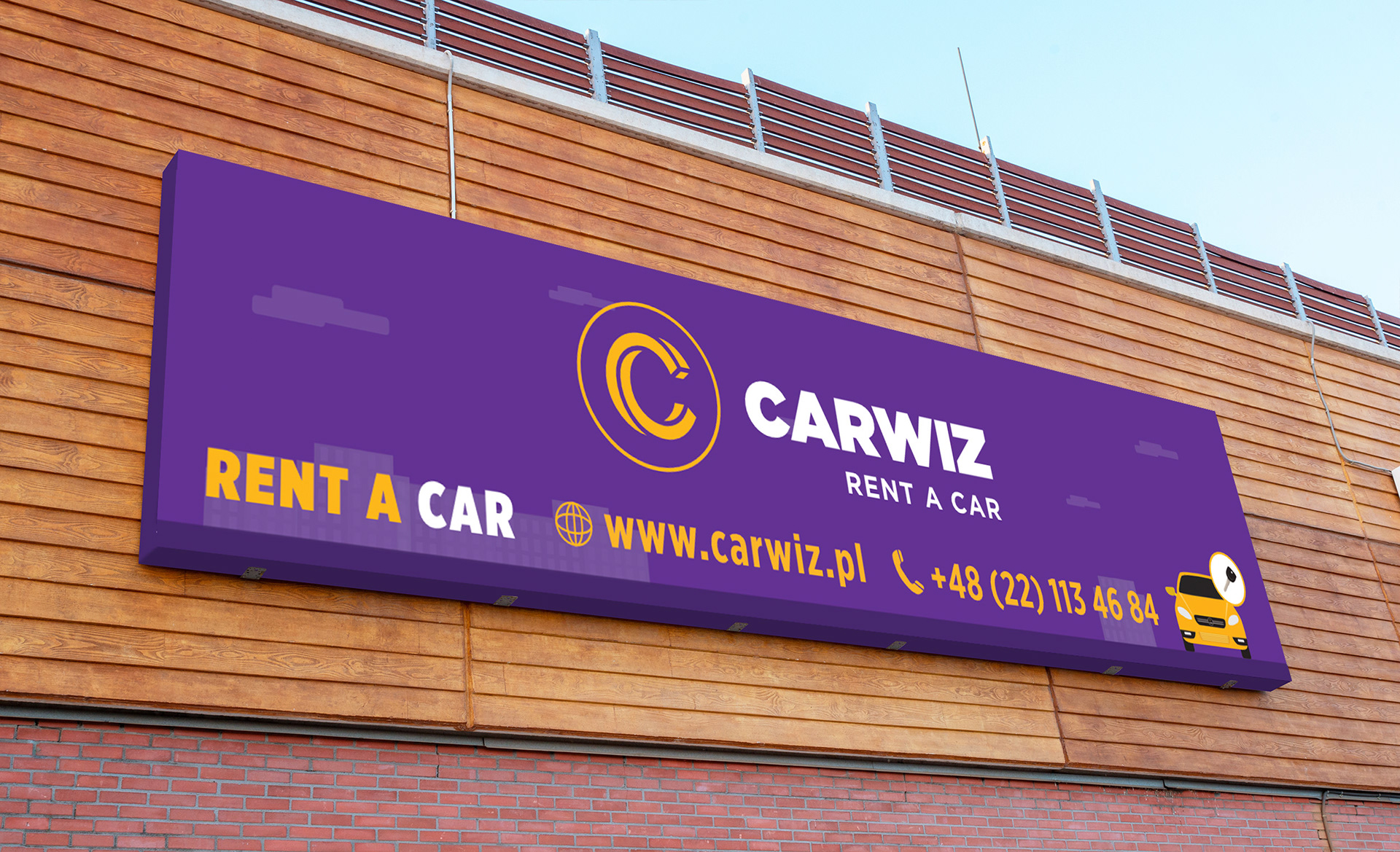 Billboard for "Carwiz", offering car rental services.