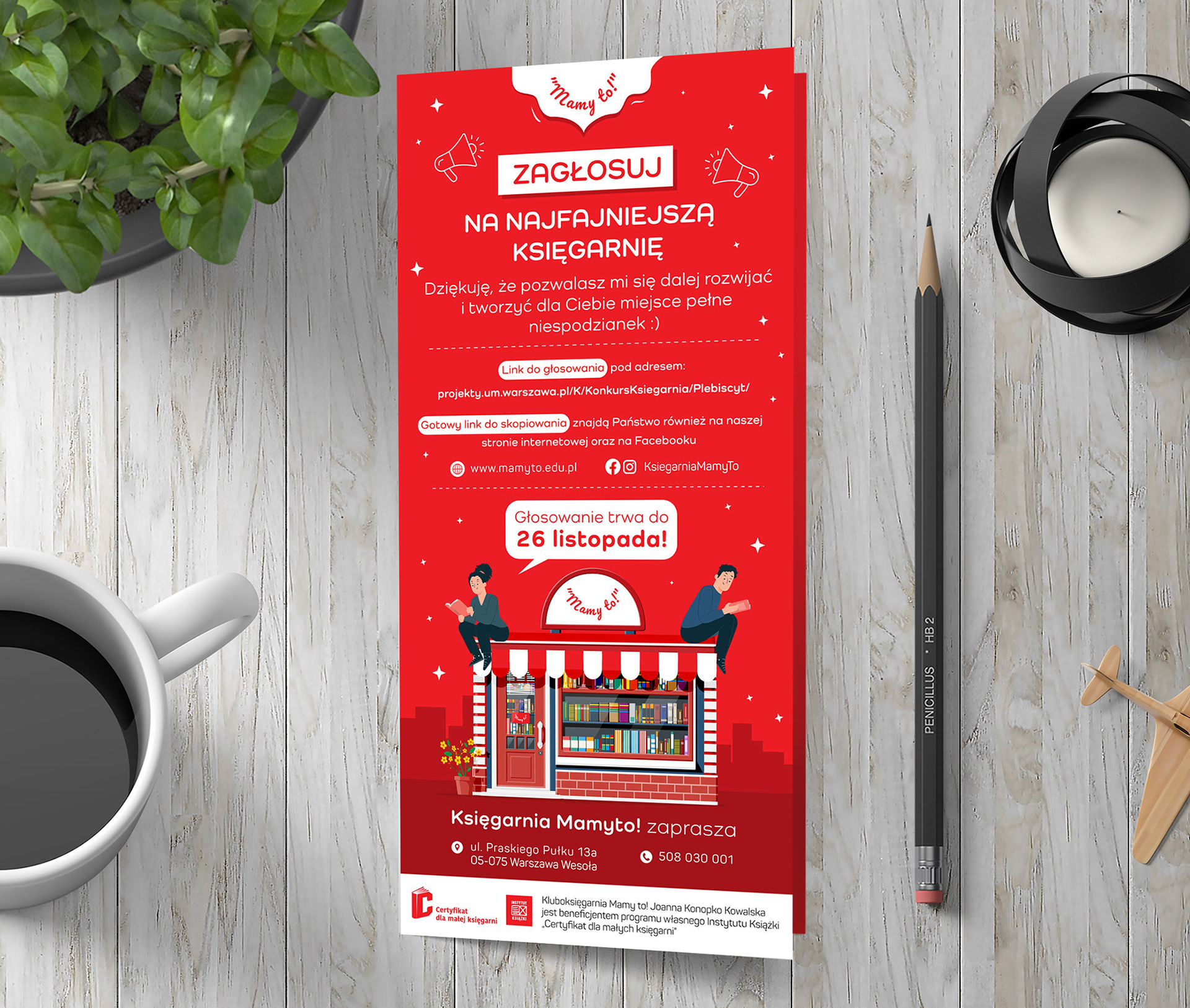 A flyer created for the bookstore "Mamy to!" honored in the favorite bookstore poll in Warsaw