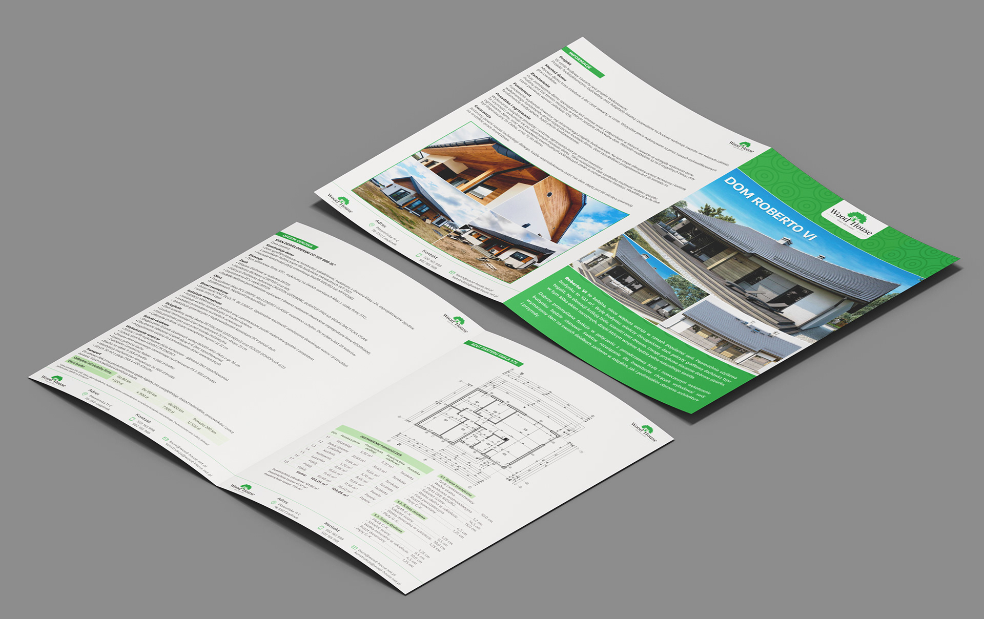 Promotional brochure for "Wood House," specializing in wooden construction and roofing structures.