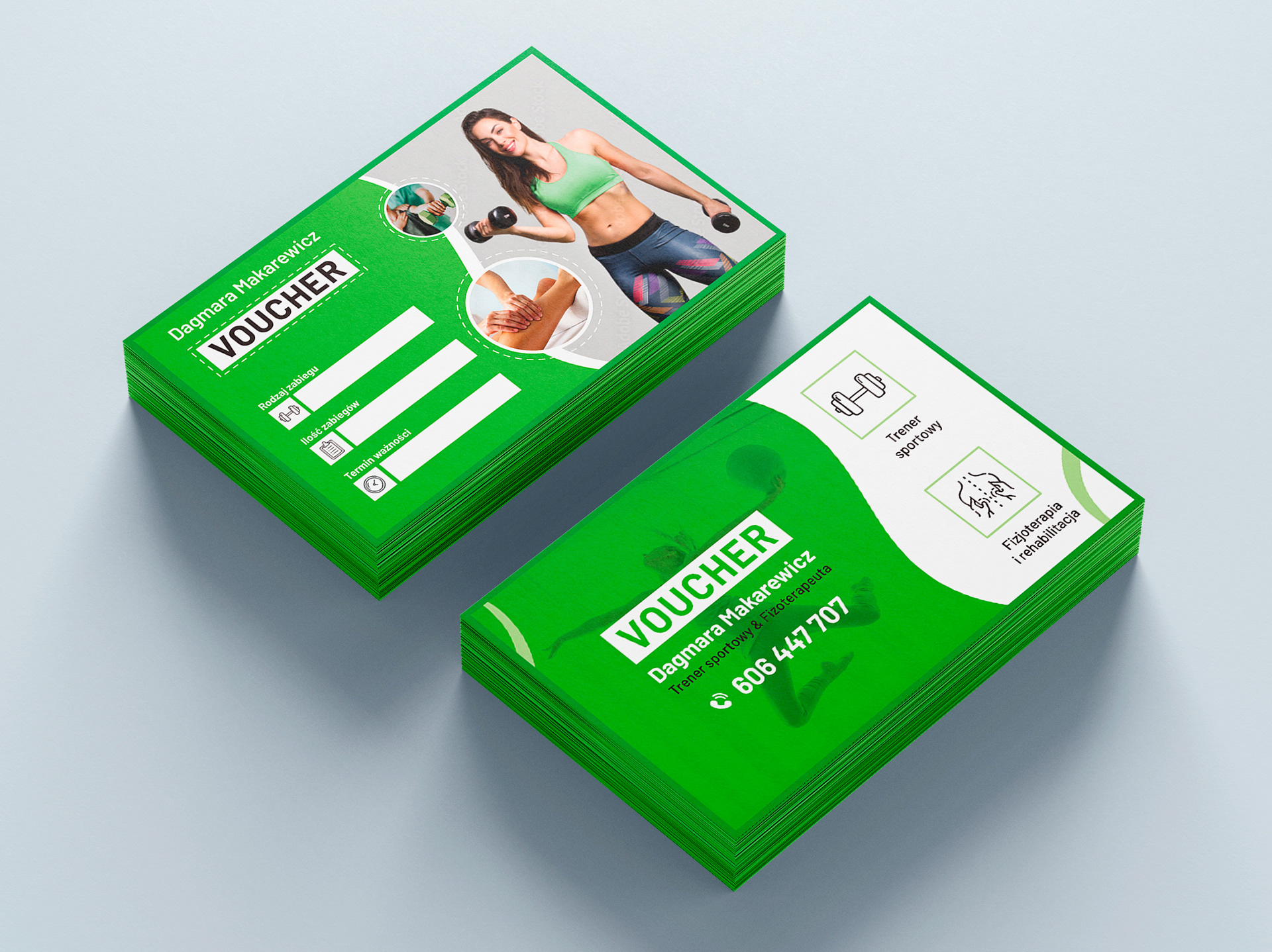 A voucher created for Ms. Dagmara Makarewicz, specializing in physiotherapy and sports training.