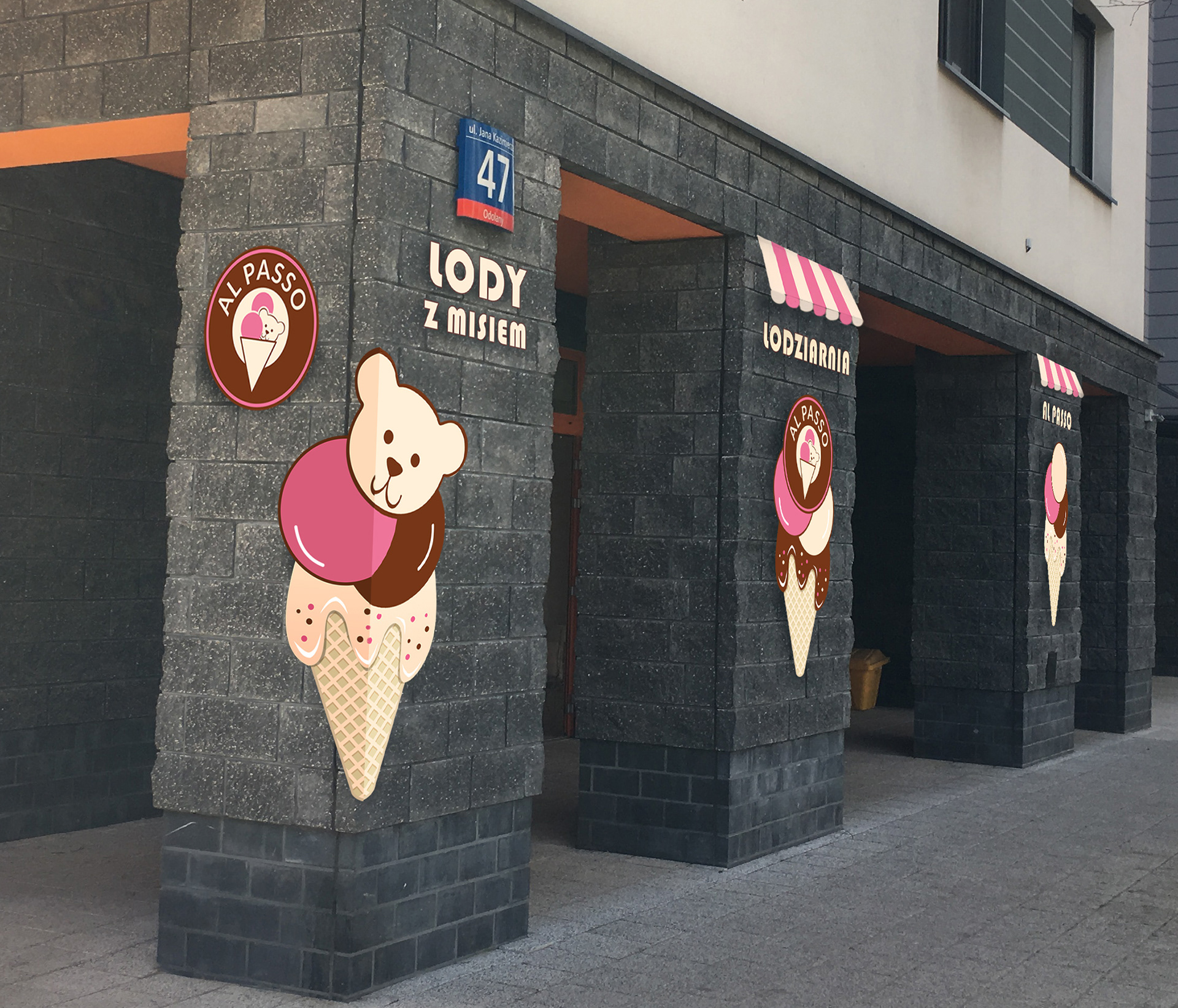 Design of signs for "Al Passo" ice cream shop.