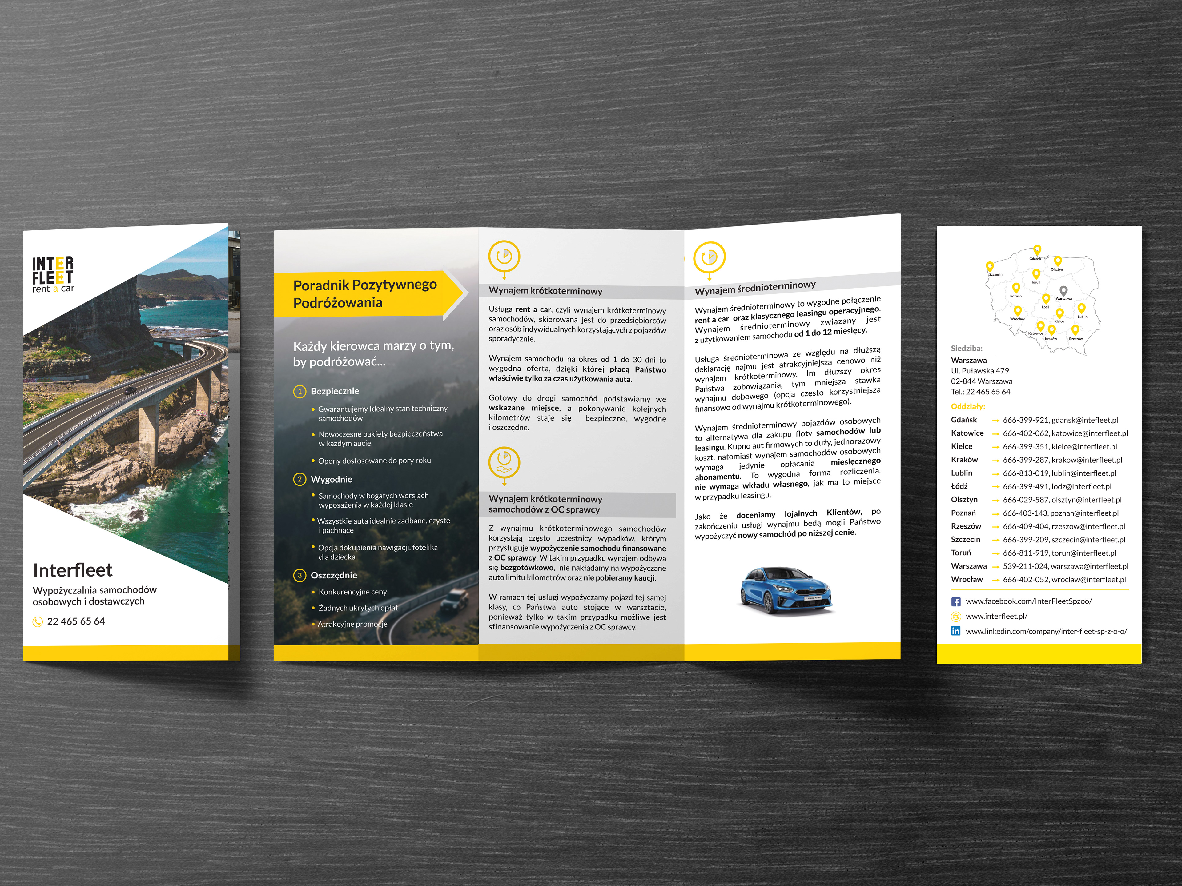 A promotional flyer created for "Interfleet" - a company specializing in short and long-term car rentals.