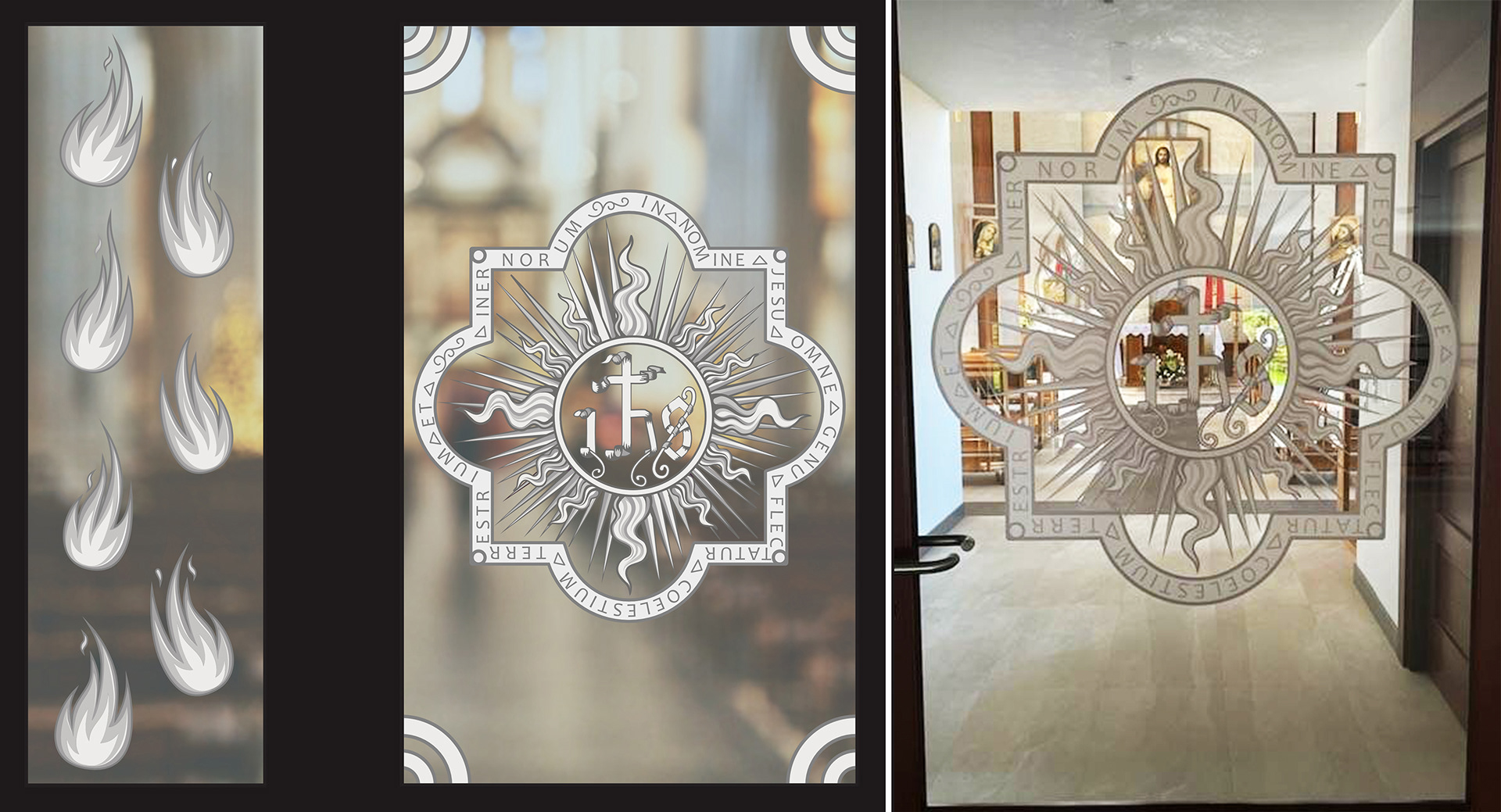 Stained glass window design for the church. Visualization on the left, live application on the right.