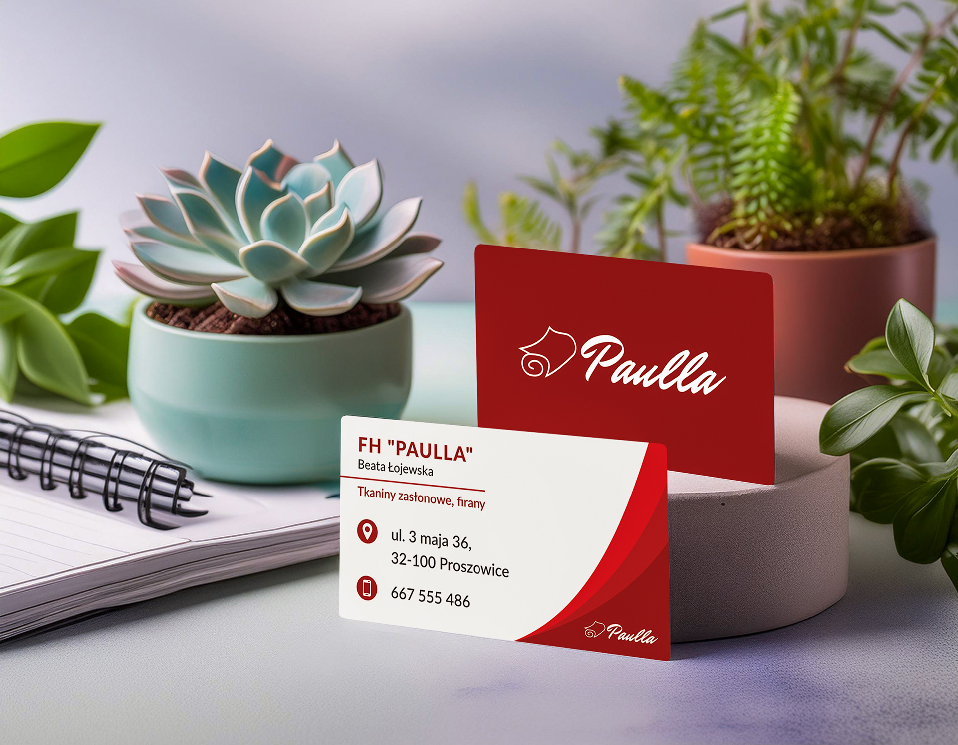 Business card for "Paulla," specializing in window tailoring.