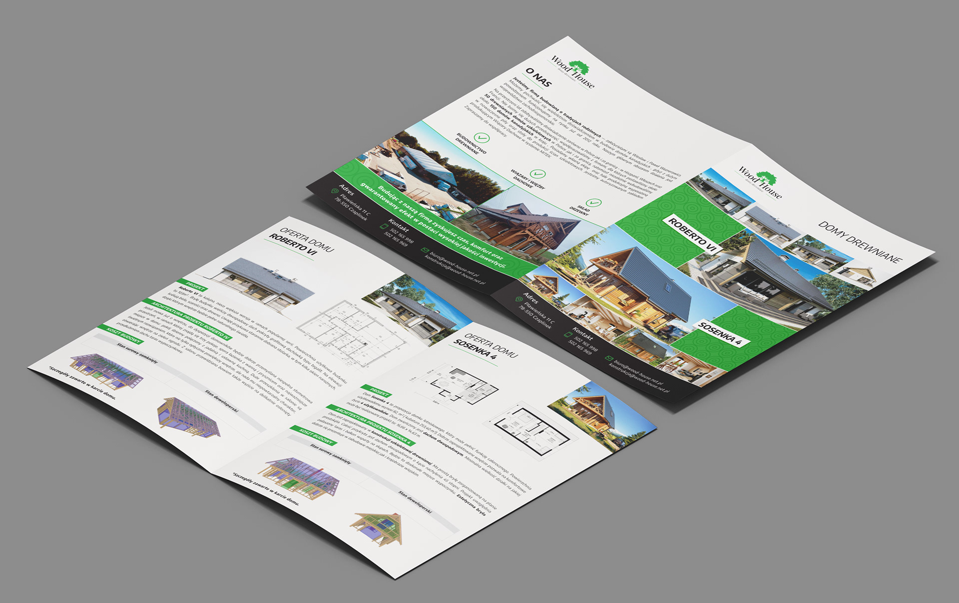 Promotional brochure for "Wood House," specializing in wooden construction and roofing structures.