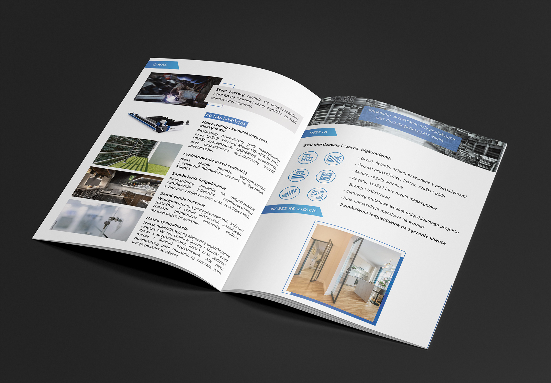 Promotional brochure created for "Steel Factory" - preview of pages.