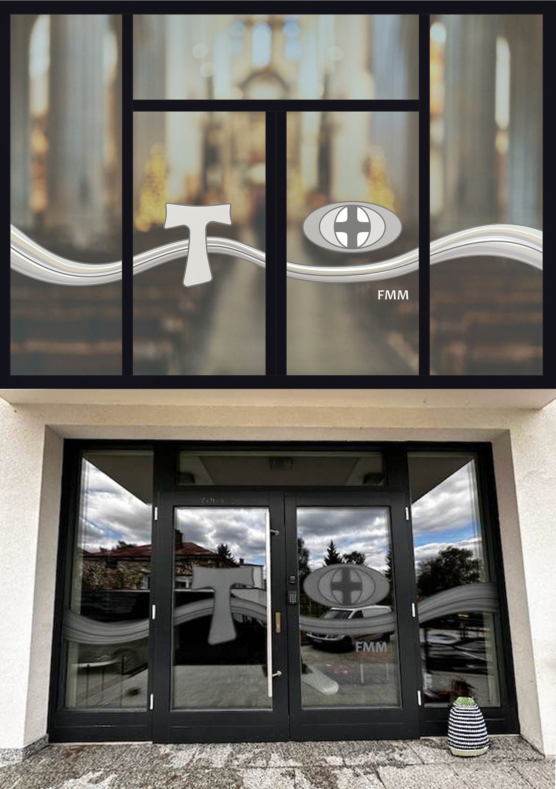 Stained glass window design for the church. Visualization at the top, live application below.