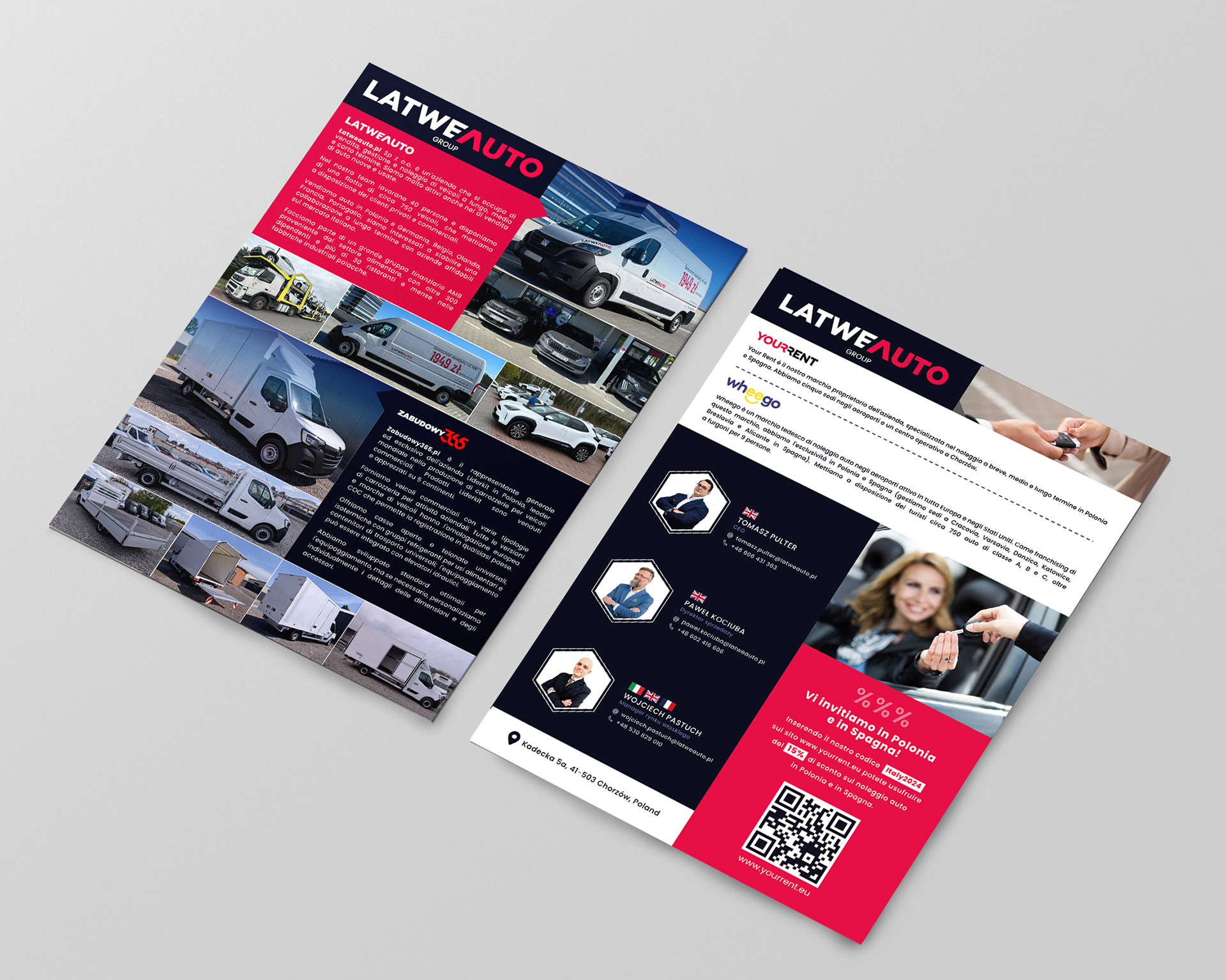 Promotional brochure for "Łatwe Auto," specializing in car rentals.