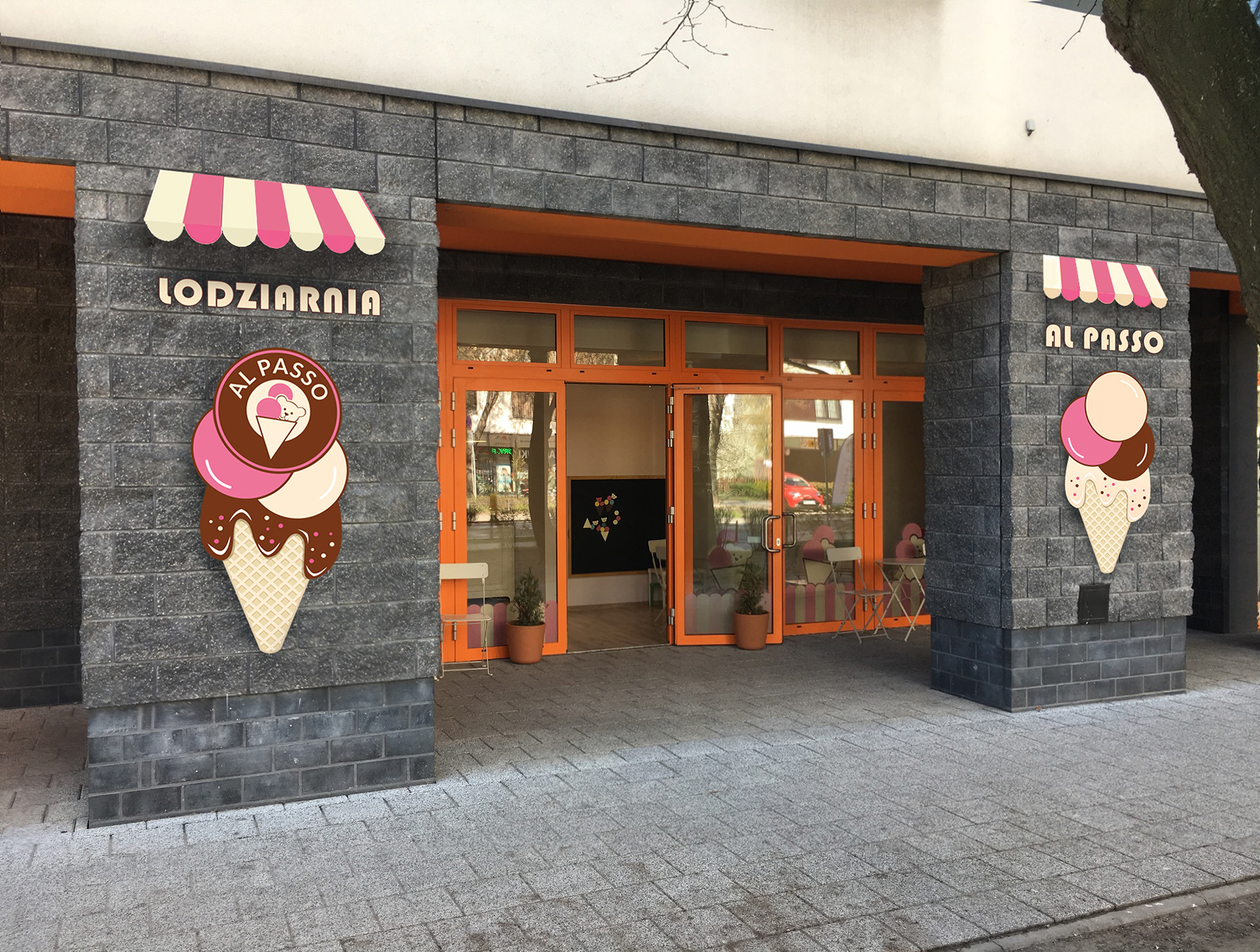 Design of signs for "Al Passo" ice cream shop.