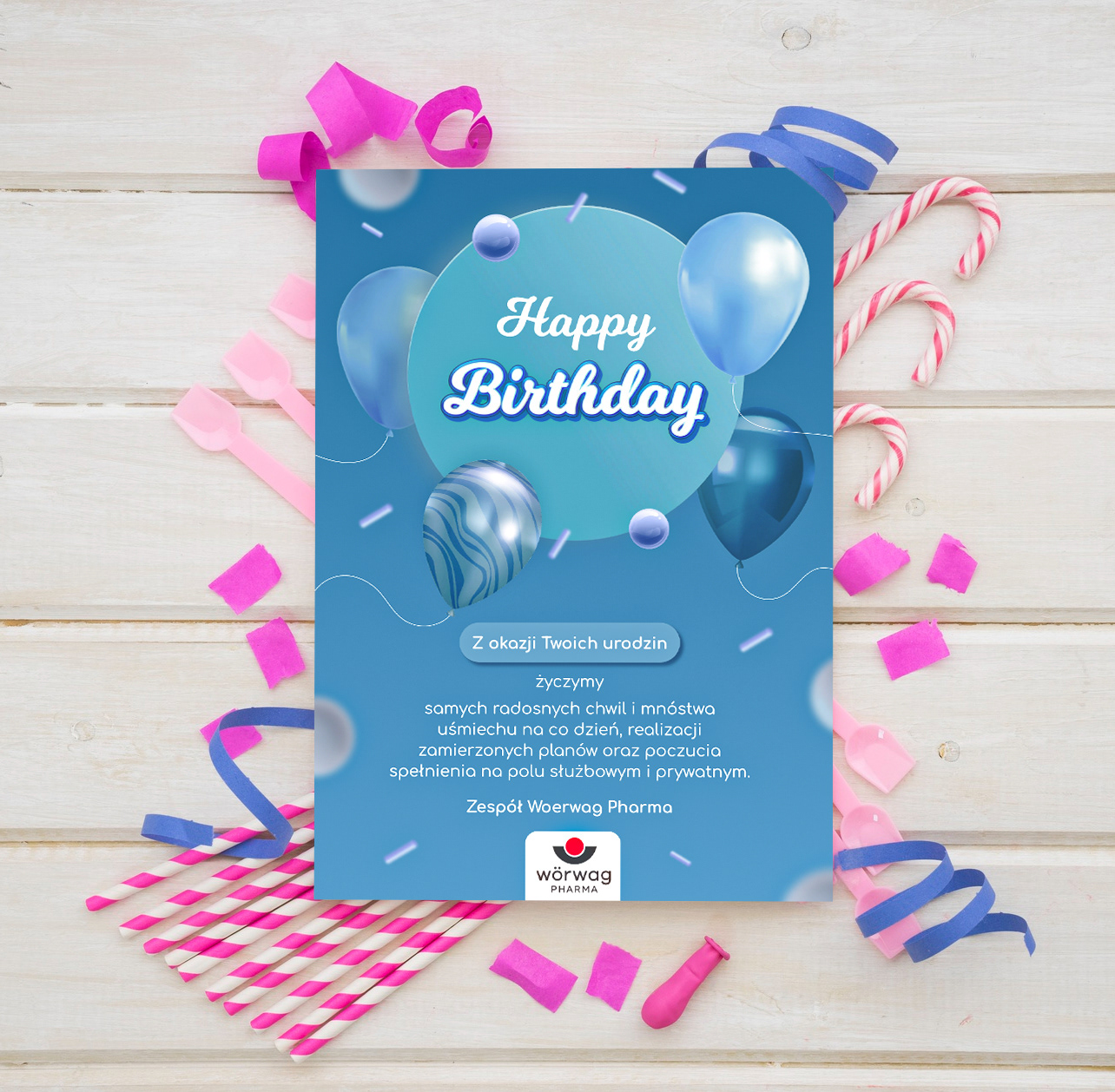 Birthday flyer for "Worwag Pharma" company.