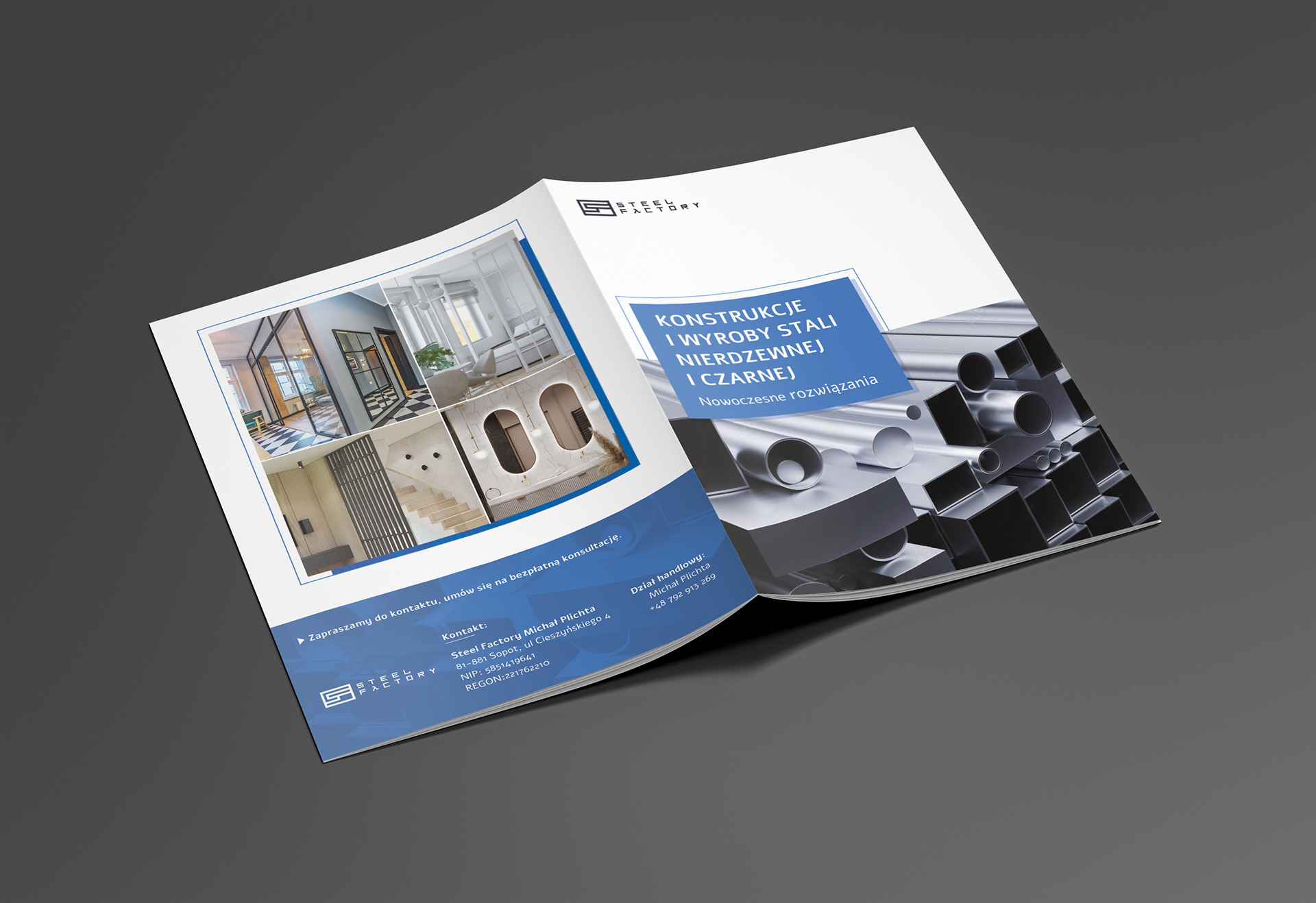 Promotional brochure cover designed for "Steel Factory."