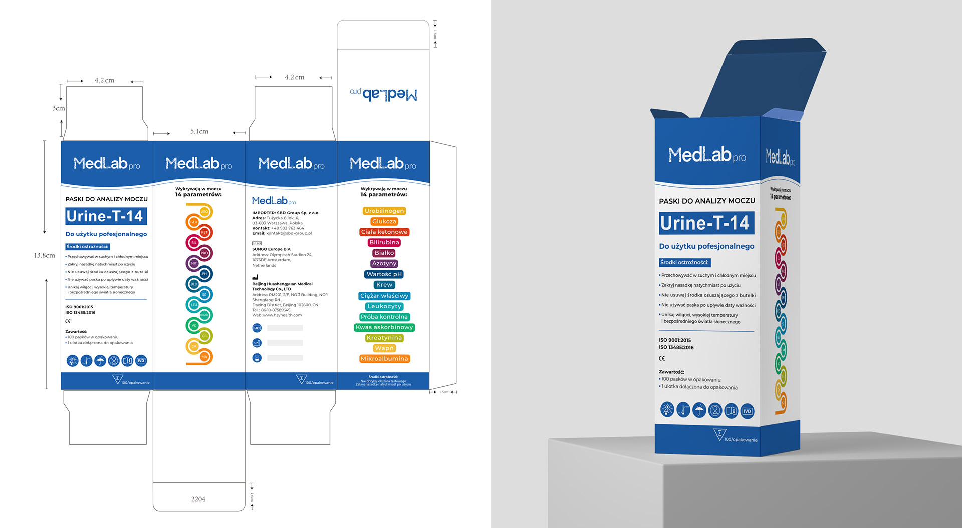 Packaging design and spatial visualization for "MedLab" company.