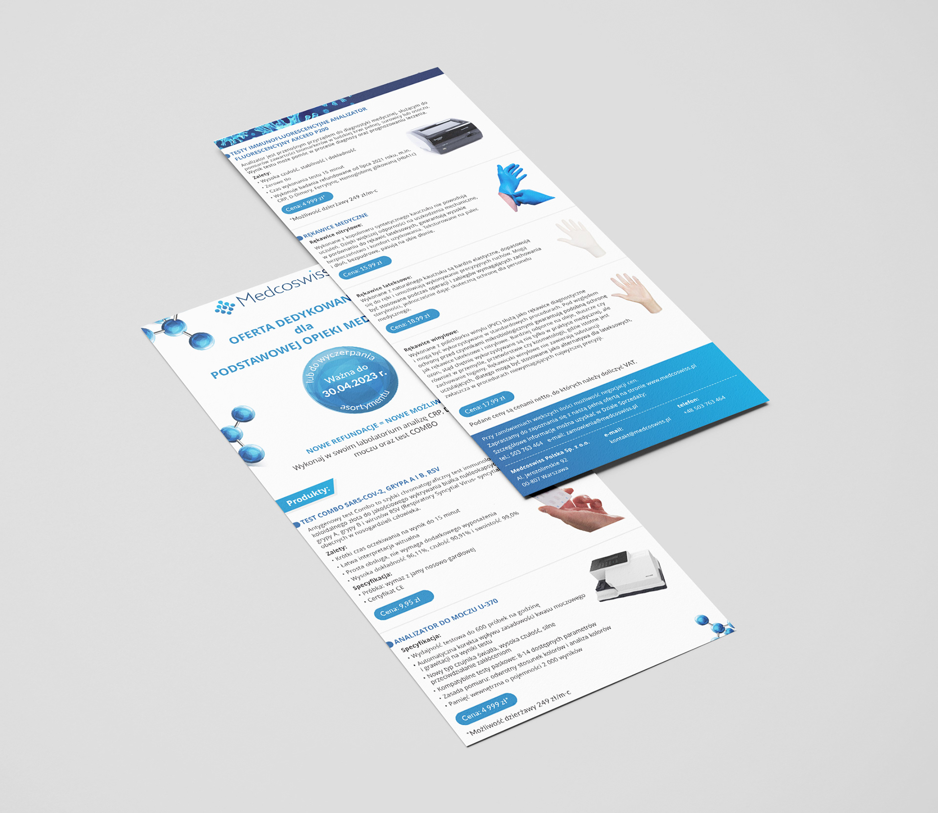 Promotional brochure for "Medcoswiss," specializing in the sale of laboratory equipment.