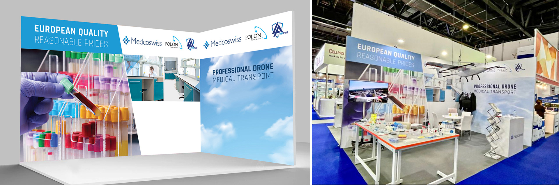 Exhibition booth design for "Medcoswiss" and "Polon". The photo on the right is from Alina Mihali's LinkedIn page.