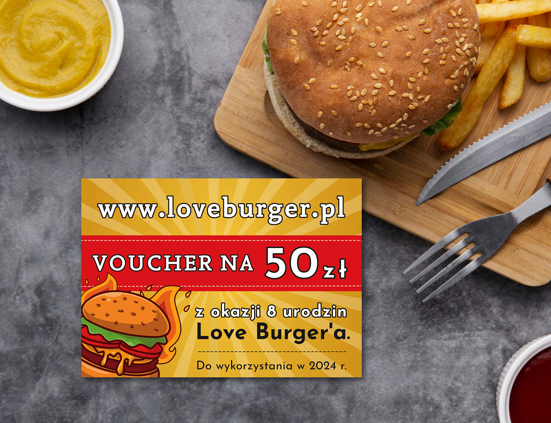 A voucher made for the "Love Burger" restaurant featuring artisanal burgers.