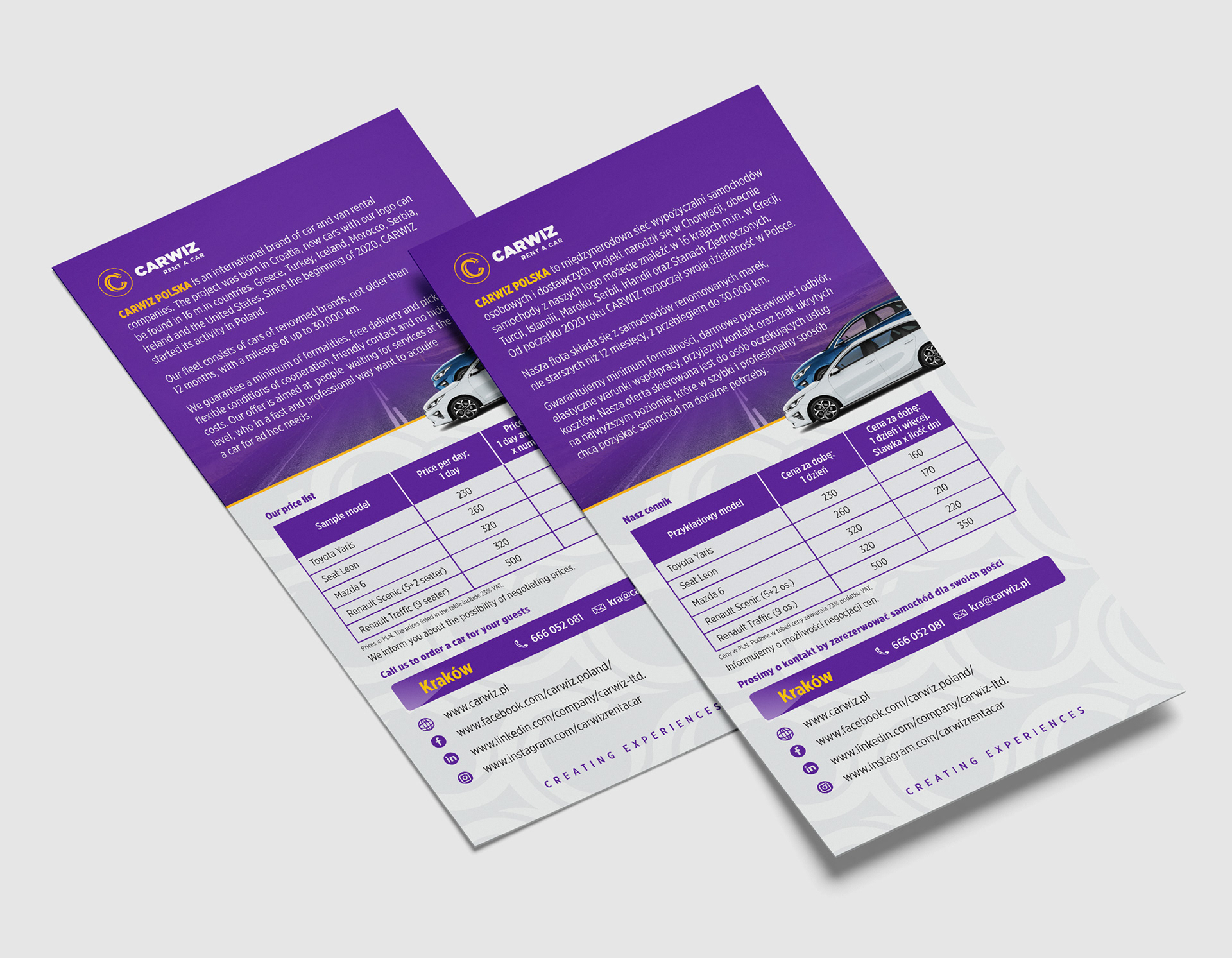 A promotional flyer created as part of an ongoing collaboration for "Carwiz" - a company specializing in short and long-term car rentals.