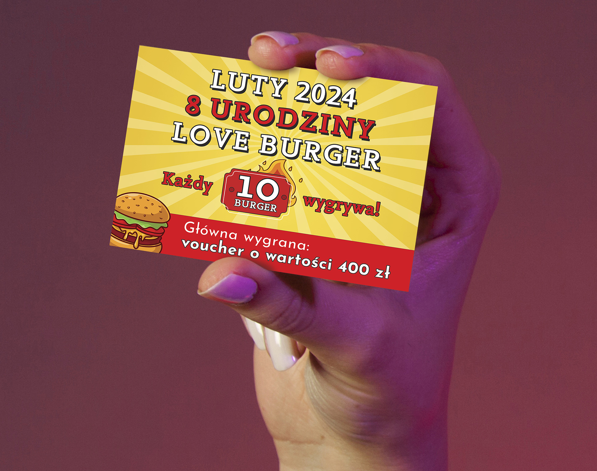 A voucher made for the "Love Burger" restaurant featuring artisanal burgers.
